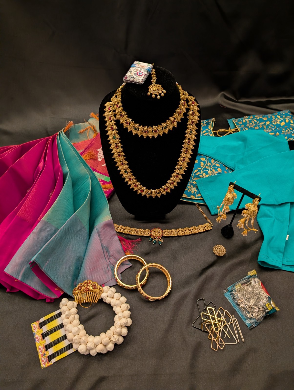 Pink Designer Saree Full Set with White Grape Designs & Blue Headpiece – Ready M