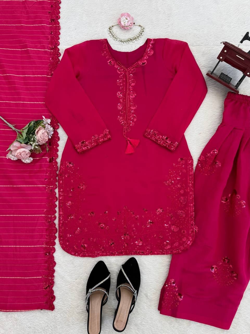 Stylish Mul Chanderi Pink Top Bottom With Dupatta For Wedding & Party Wear