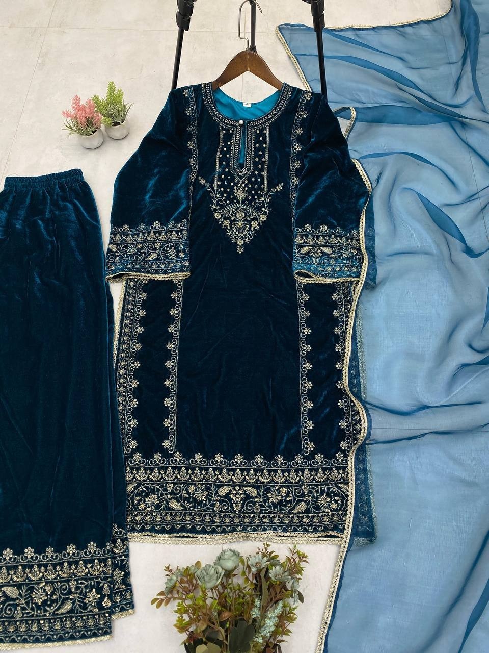 Stunning Look Velvet Teal Blue Palazzo Suit With Dupatta For Functional Wear