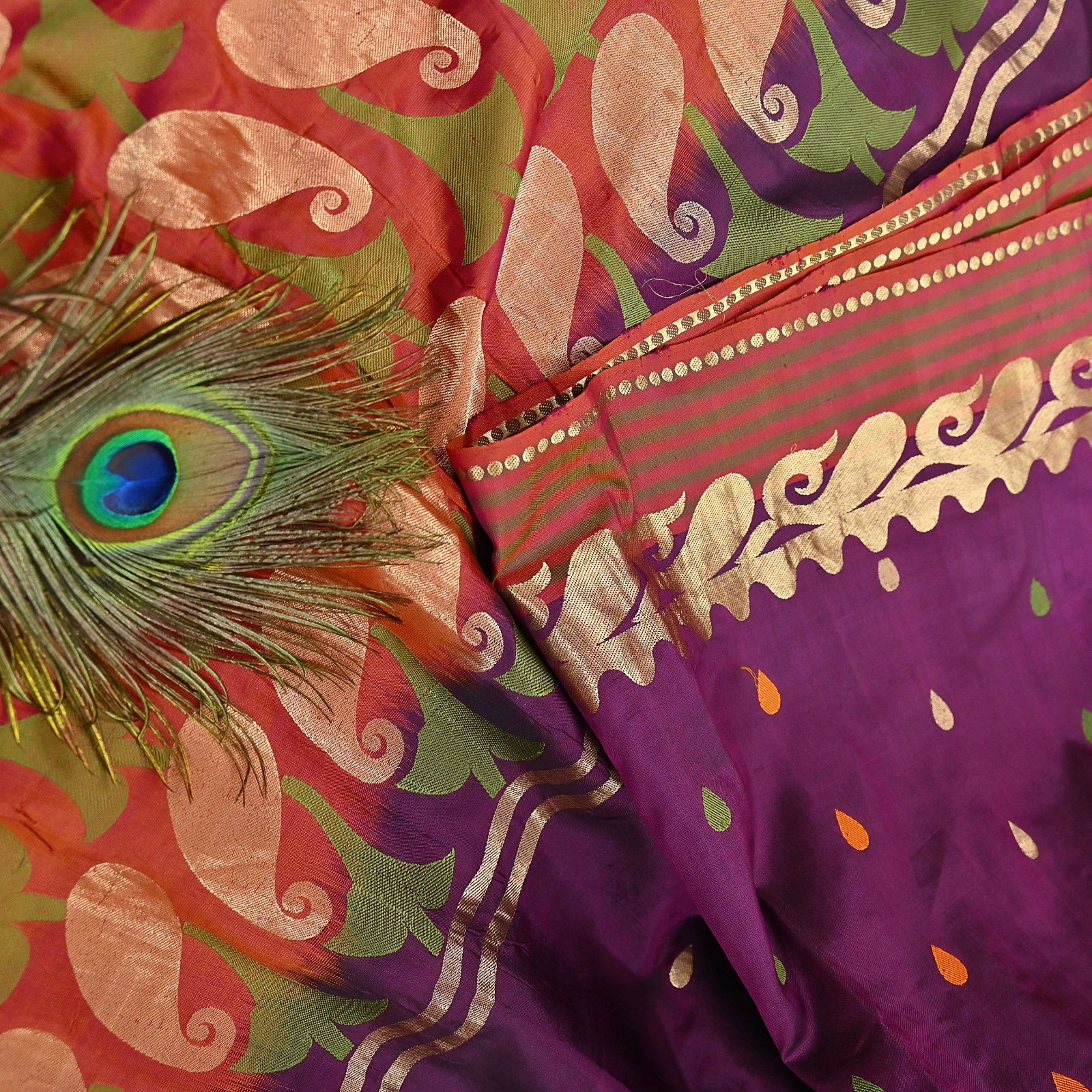 Indian Vintage Heavy Sari Purple & Orange Hand Woven Sarees 100% Pure Silk Zari