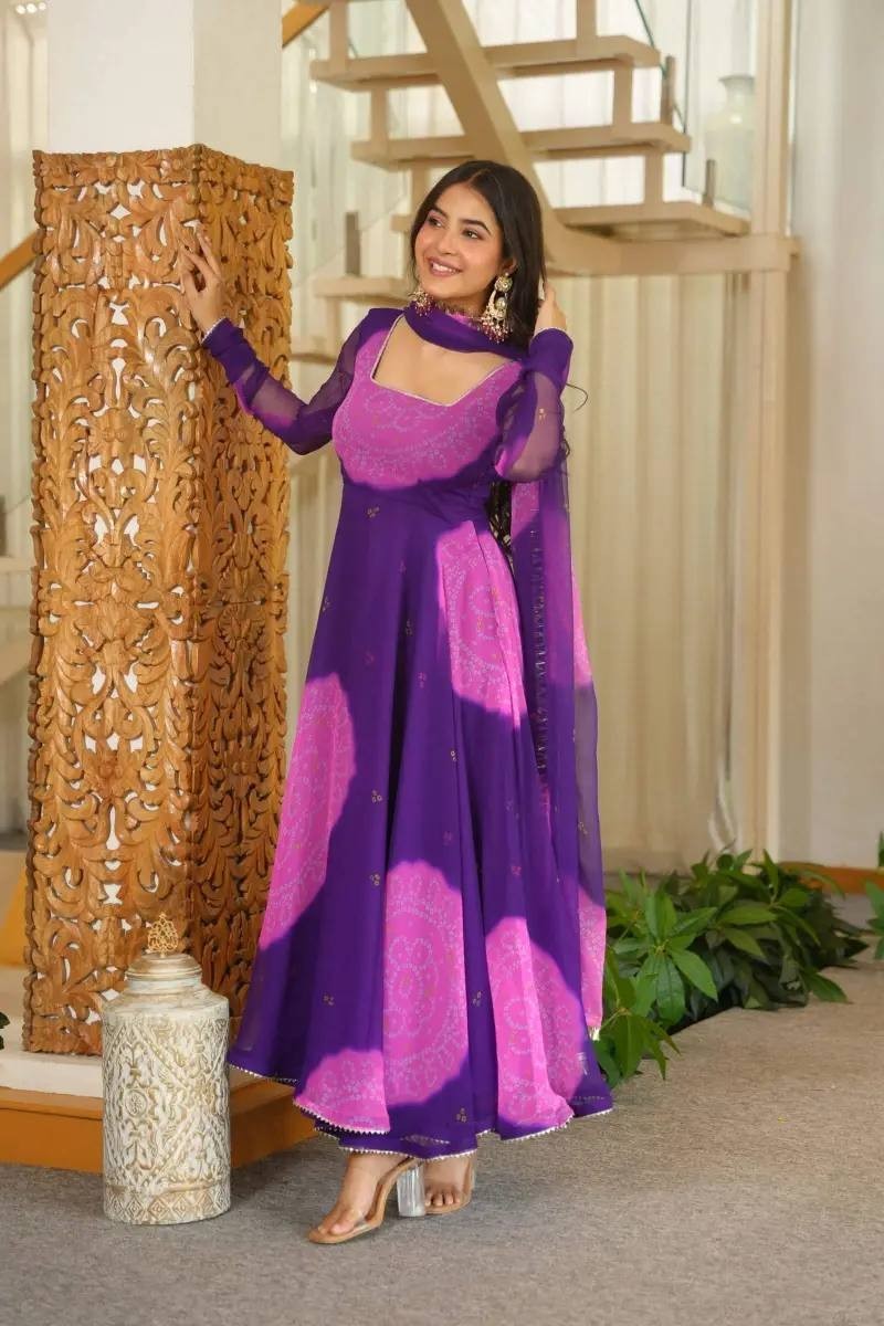 New Launching Faux Georgette Purple Gown Bottom With Dupatta For Party Wear