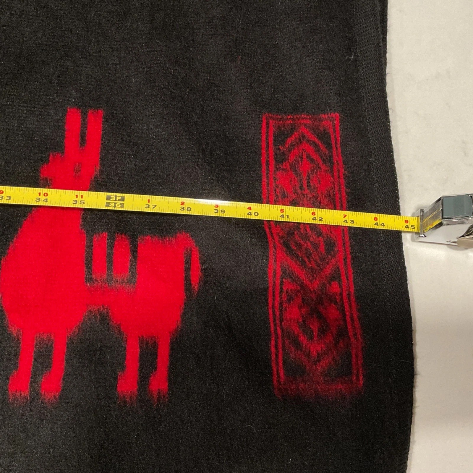 Handmade Black and Red Wool Poncho Latin American Andean Llama Motifs One Size