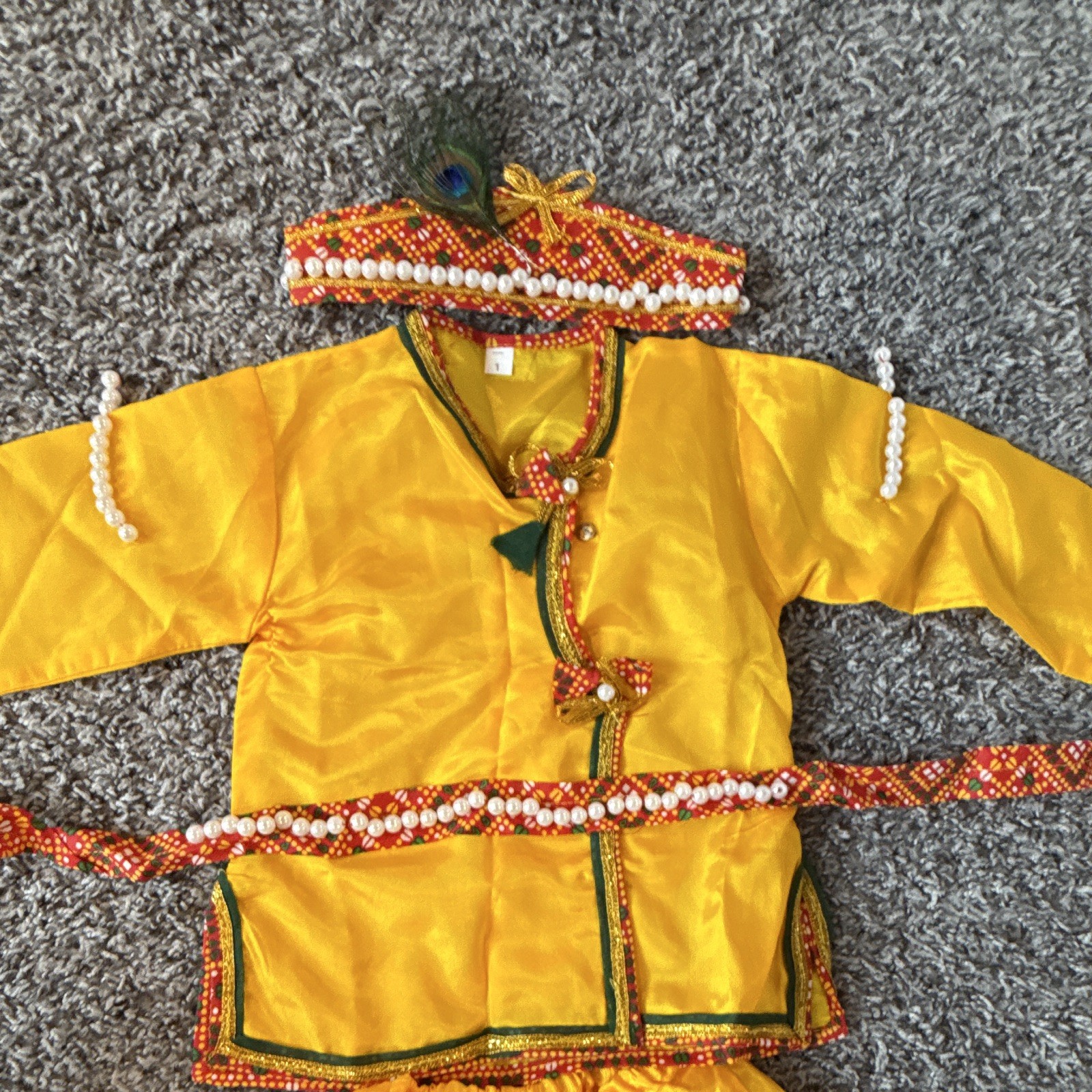 Boys Yellow Indian Kurta Dhoti Set w/ Turban & Belt Silk Satin