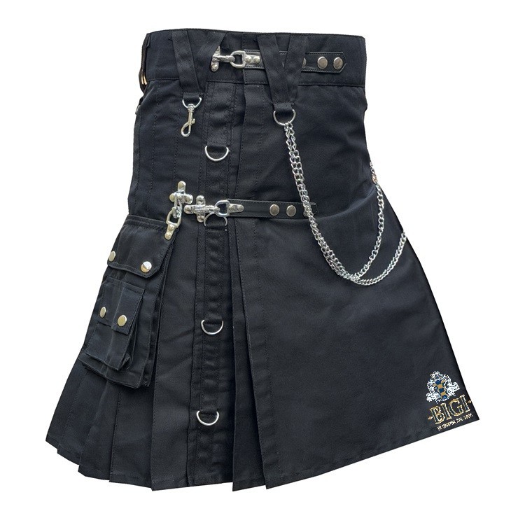 Men’s Black Gothic Kilt – Gothic Tactical Cotton Kilt with Detachable Pockets