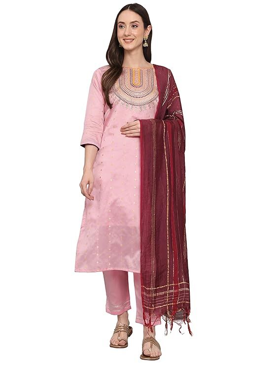 Women’s Silk Blend Embroidered Straight Kurta Trouser with Dupatta Set