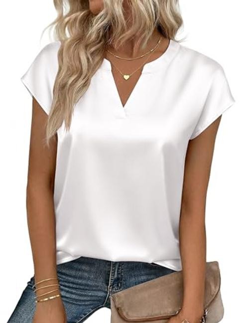 Women Tops Silk Satin Blouses V Neck Summer Shirts Cap Sleeve Large White