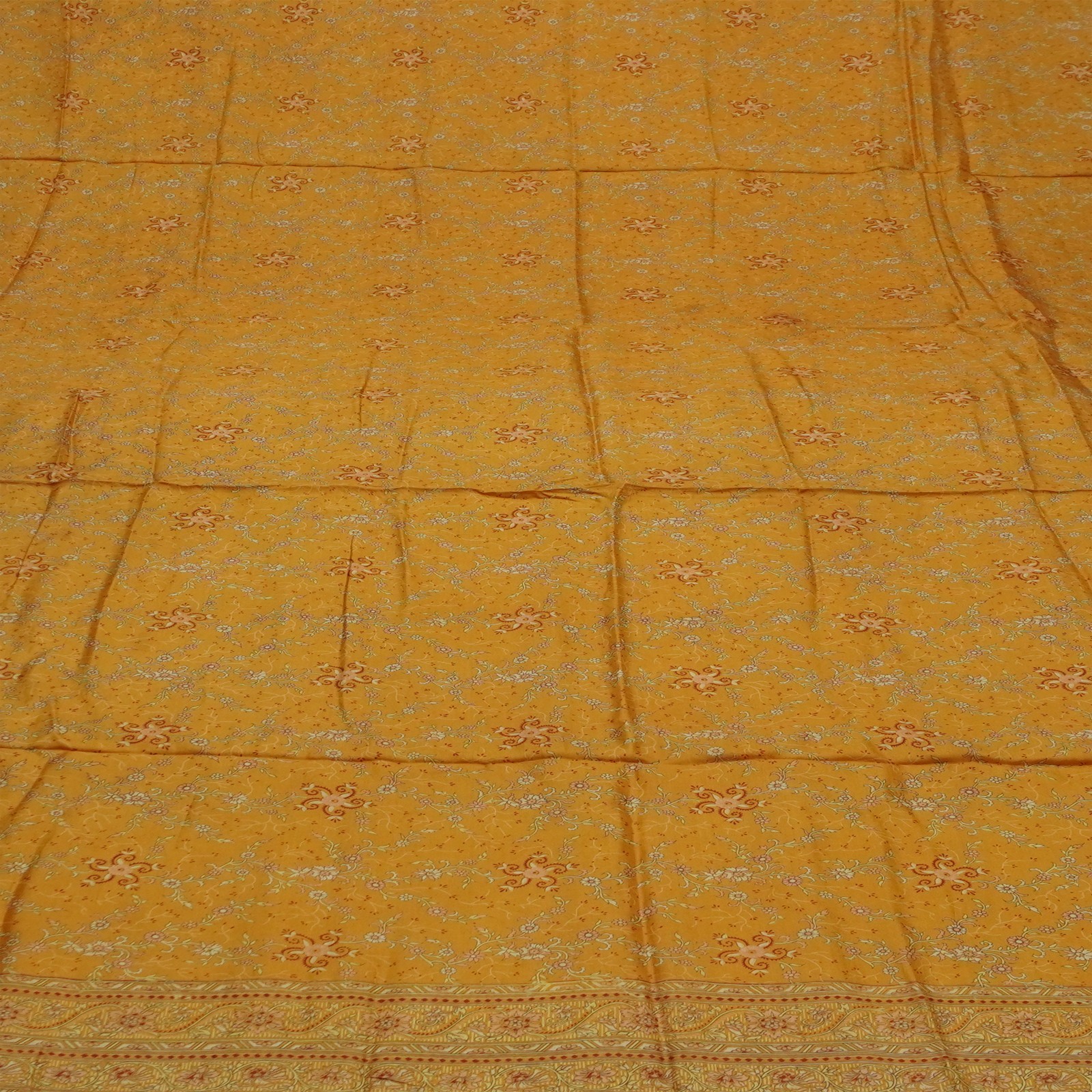 Vintage Mustard Sarees 100% Pure Silk Printed Zari Border Sari 6YD Craft Fabric