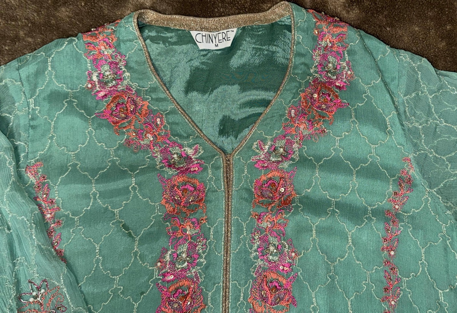 Teal Chinyere Shirt with Pink and Gold Embroidery with Straight Pants and