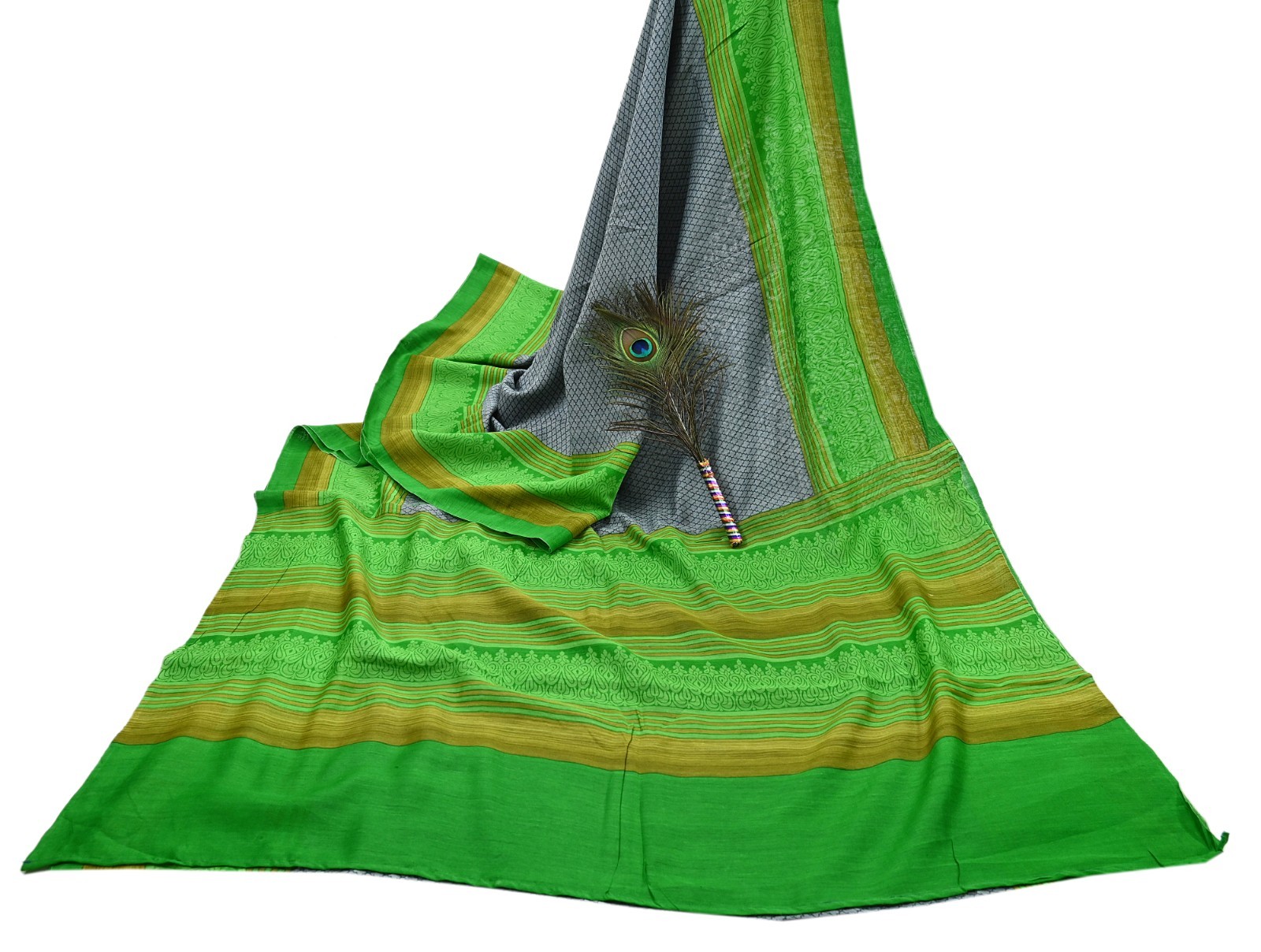 Indian Vintage Saree Gray & green Bagru Printed Sari Pure Chanderi Silk Sari 5yd