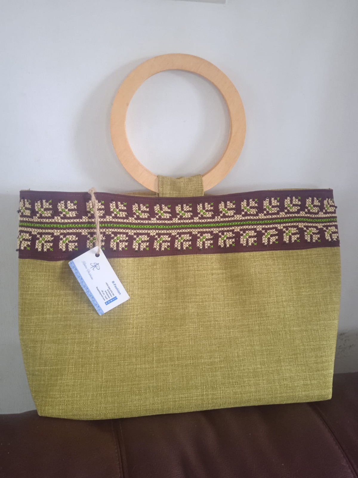 3pc Handmade Palestinian Tatreez Set: Olive Green Bag Wood Handle Scarf Necklace