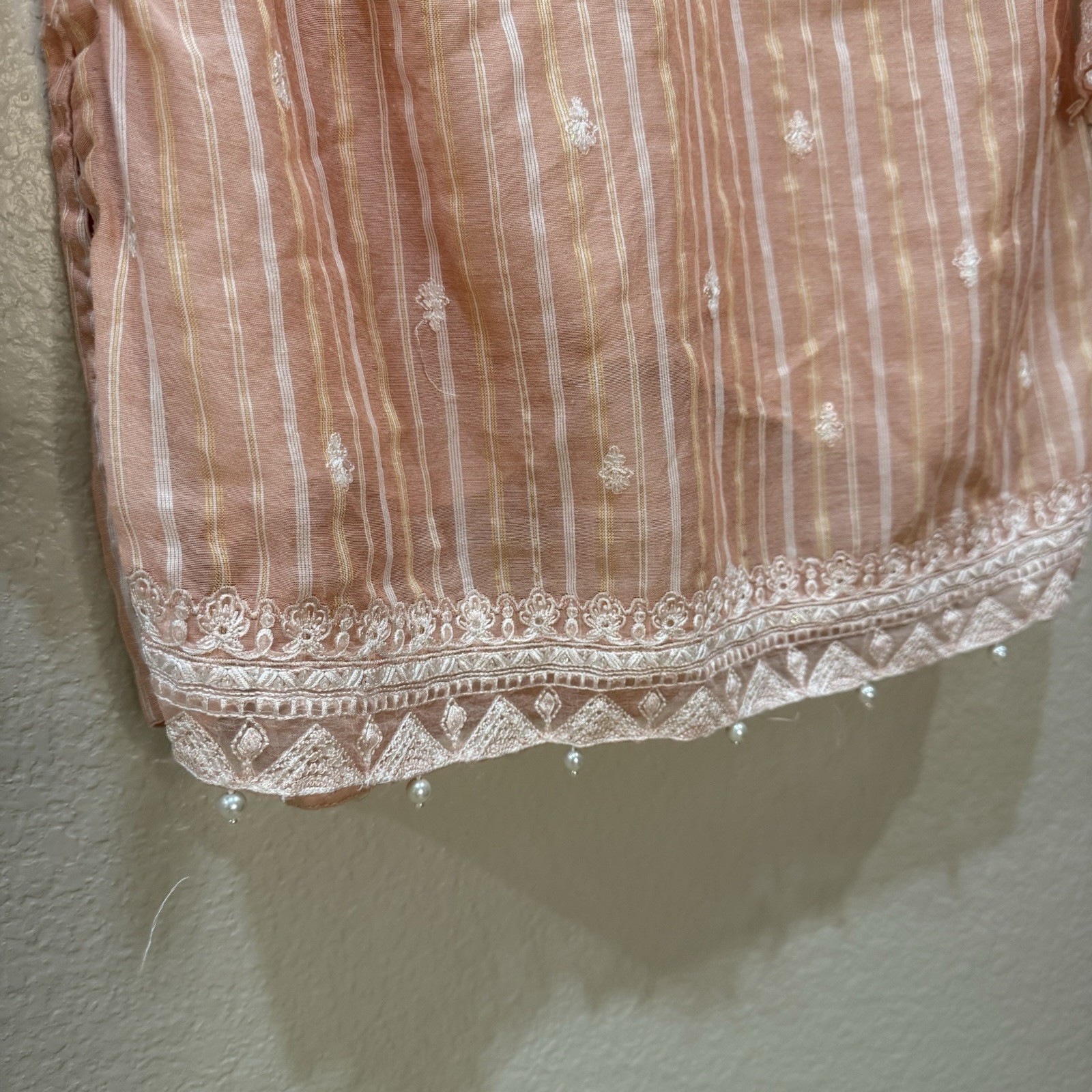 Original Maria B Girls Suit Peach Stripe Cotton Embroidered Shalwar Kameez 12-14
