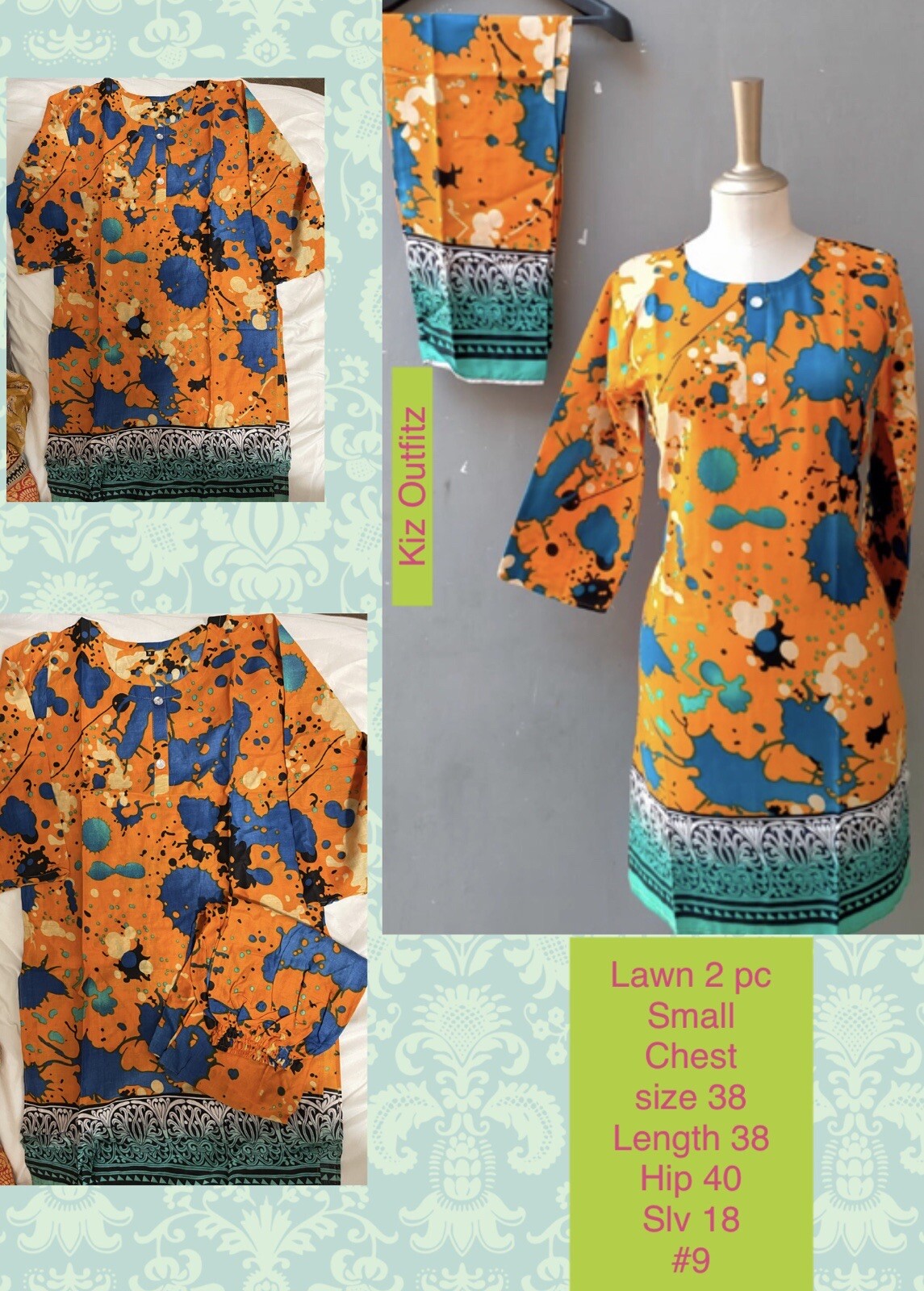 Pakistani Indian Trendy Lawn Co Ord Set Kurti & pant 2pcs Small