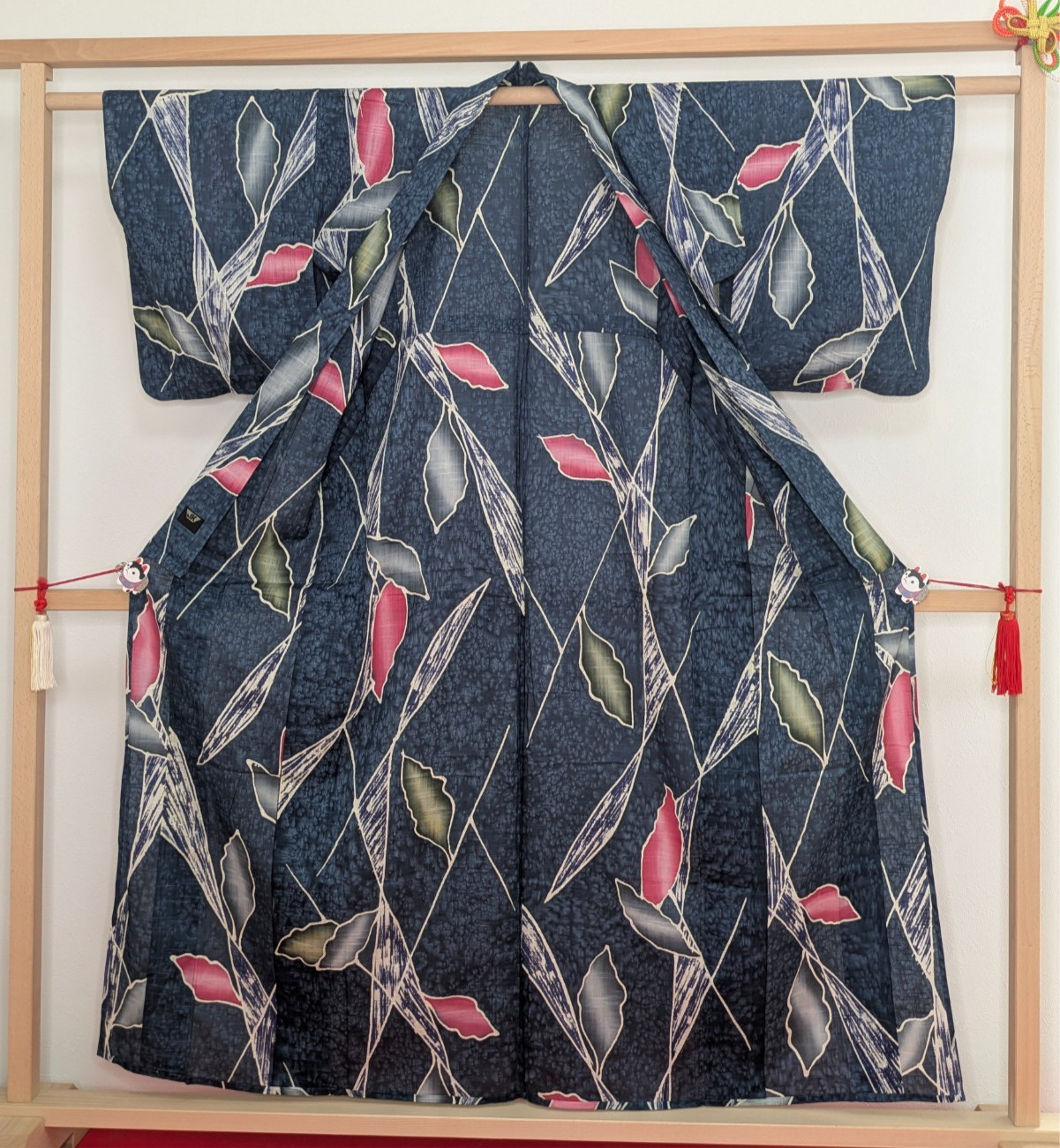 Japanese Kimono Cotton Yukata Navy Blue Colored Leaves Junko Koshino Summer Wear