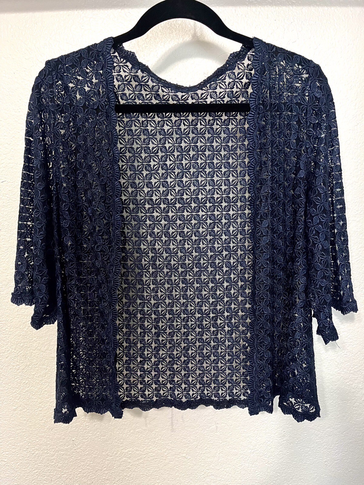Women’s Vintage Navy Floral Lace Short Kimono Open Front – 3/4 sleeves Cover-up