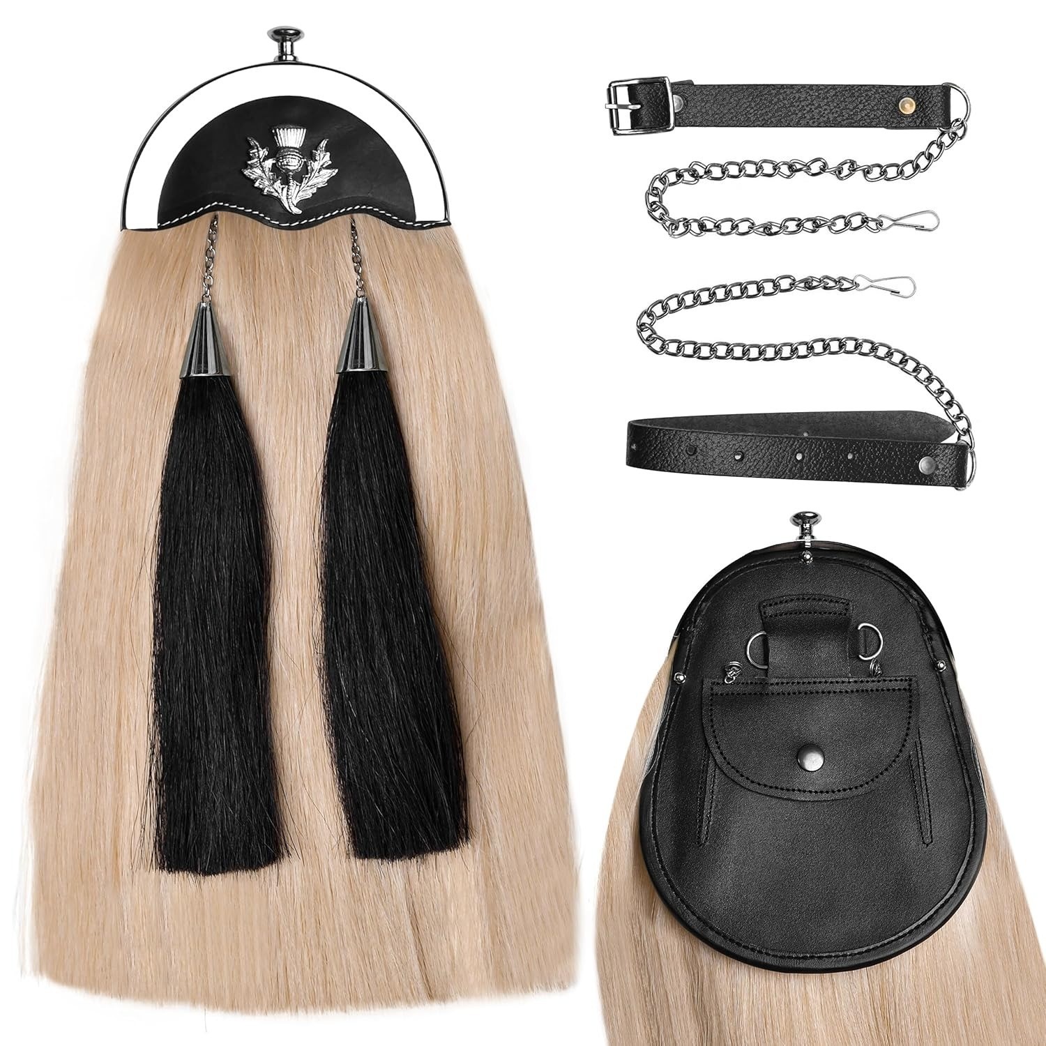 Traditional Highland Horsehair Piper Sporran with Two Black Horsehair Tassel