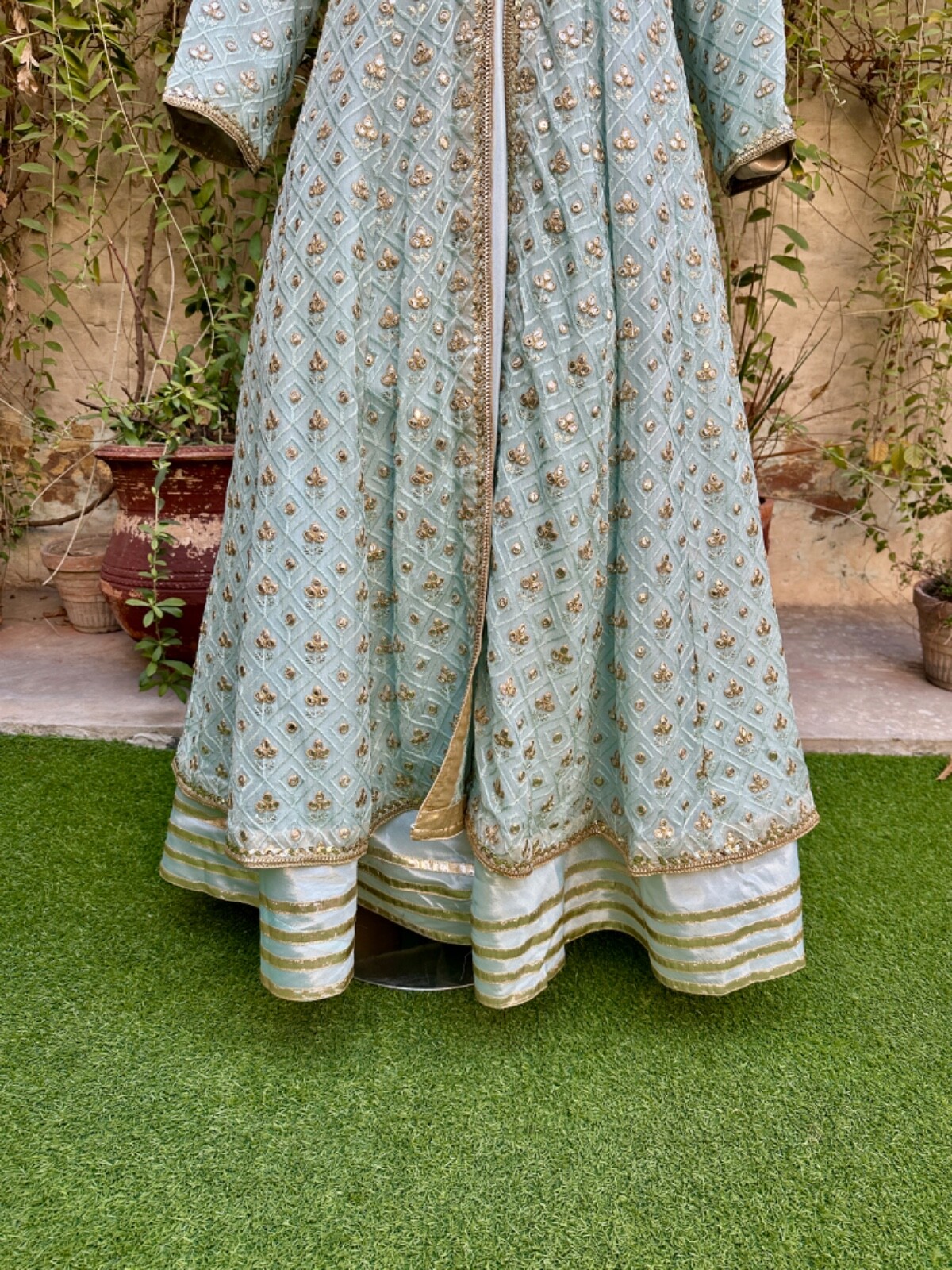 Pakistani Sky Blue double Long Maxi Style Embroidered Sequins Chiffon Dress,XL