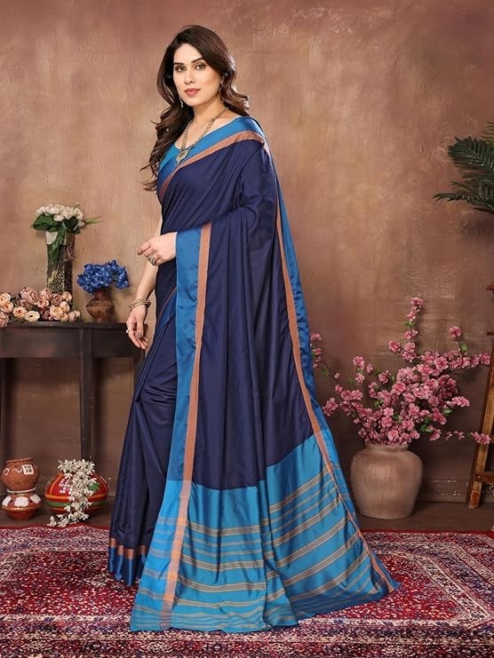 Women’s Striped Pattern Cotton Silk Saree and Unstitched Blouse Piece