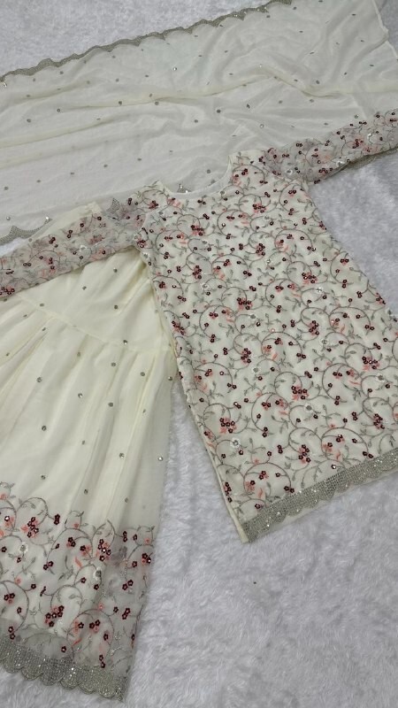 Stunning Look Georgette White Palazzo Suit With Dupatta For Women Function Wear