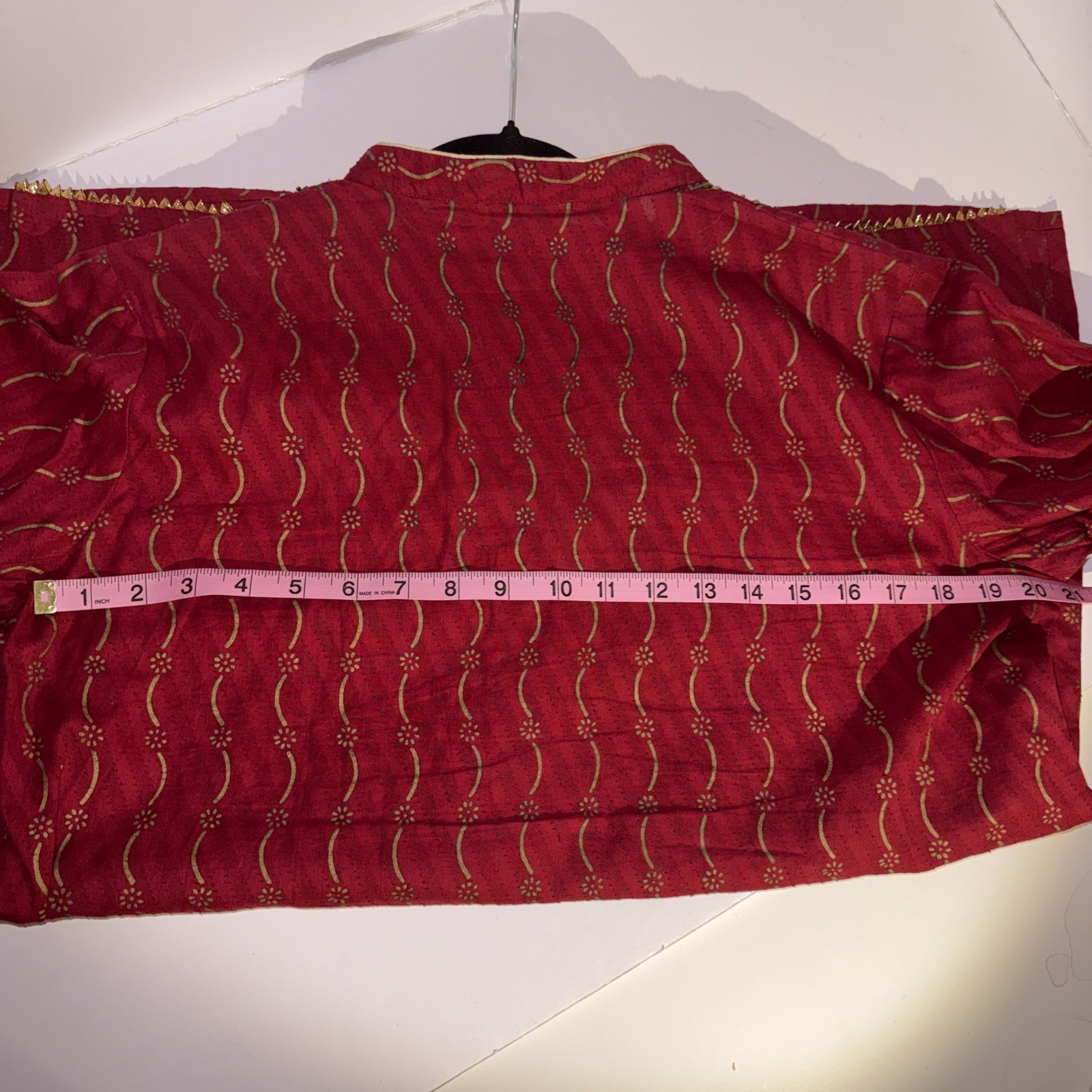 Dark Red Velvet 3/4 Sleeve Tunic Gold Metallic Thread Embroidery Boho Top Size 2