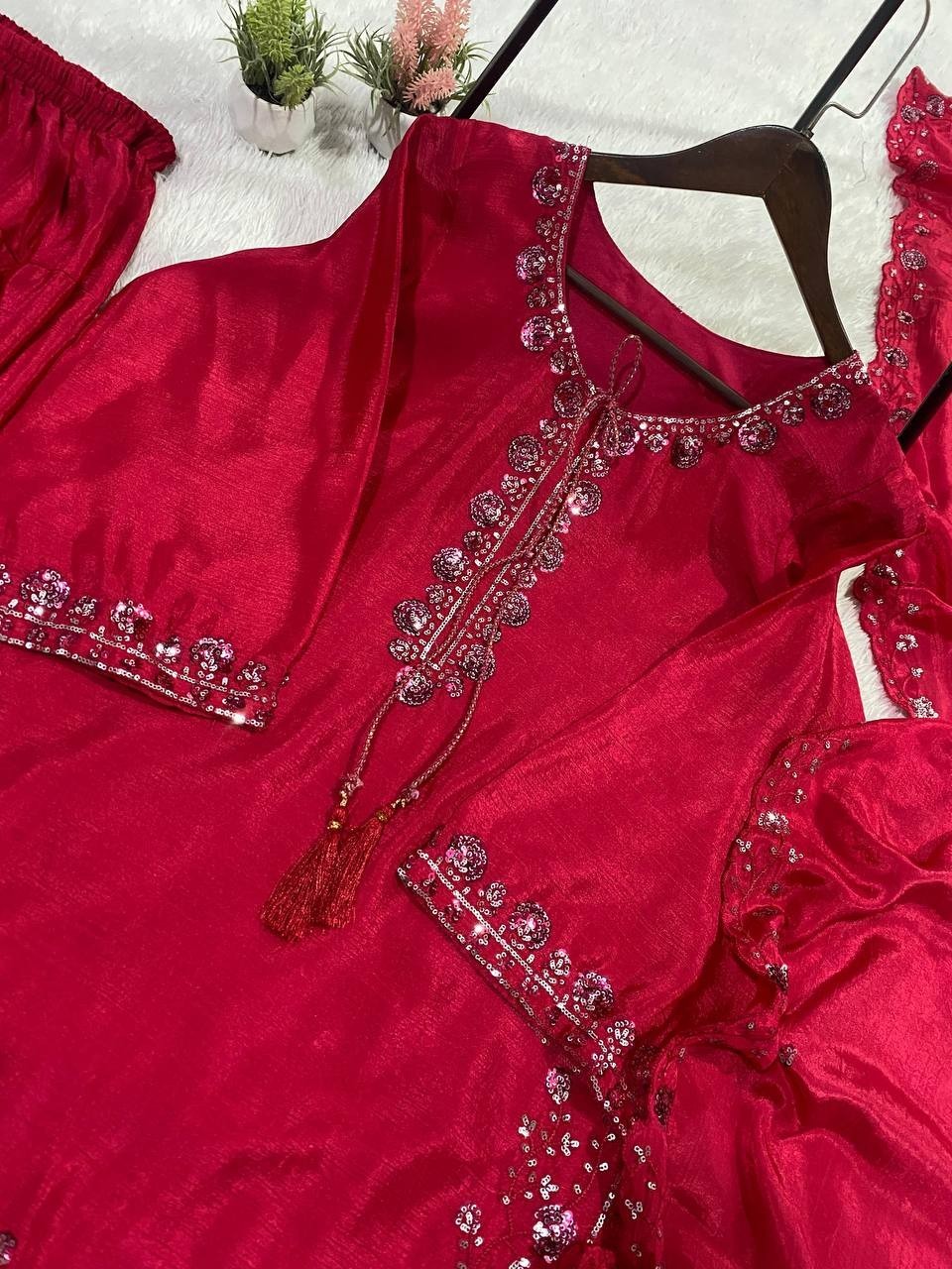 Beautiful Chinon Silk Pink Salwar Kameez With Dupatta For Indian Functional Wear