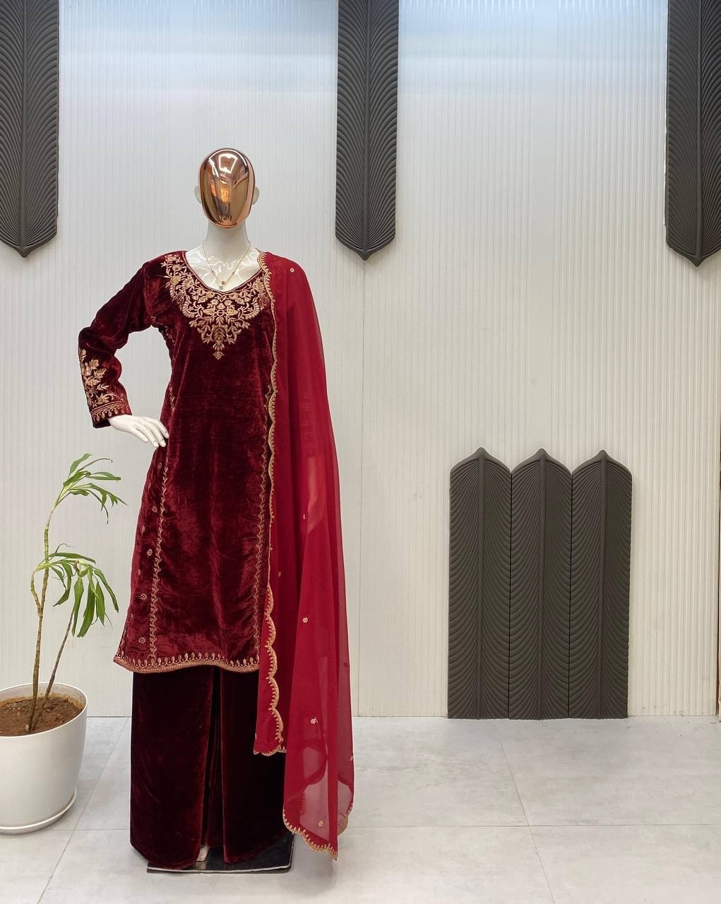 Presenting New Velvet Maroon Top Palazzo With Dupatta For Functional Wear