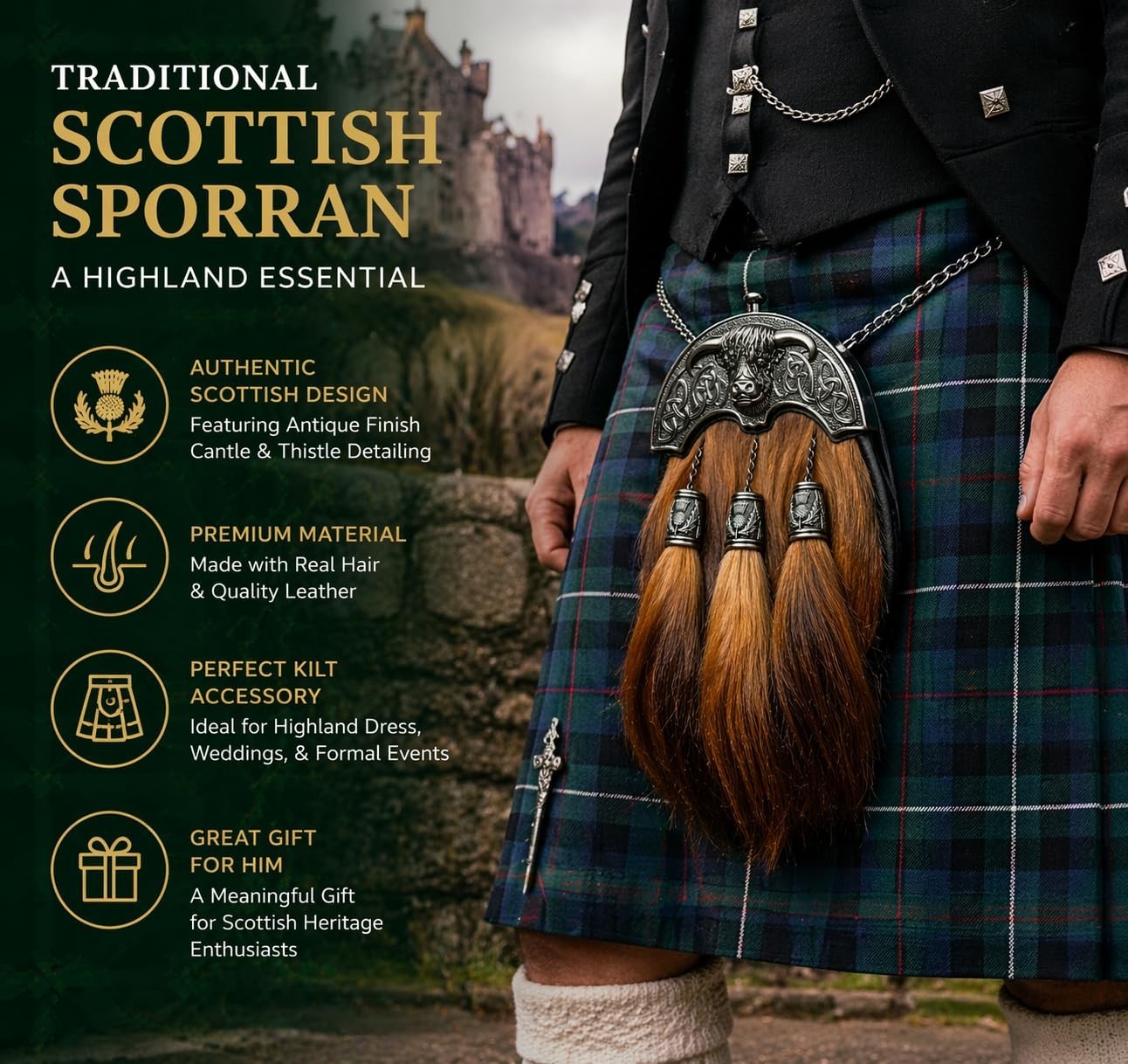 Scottish Brown Horse Hair Kilt Sporran Celtic Cantle Highland Wear