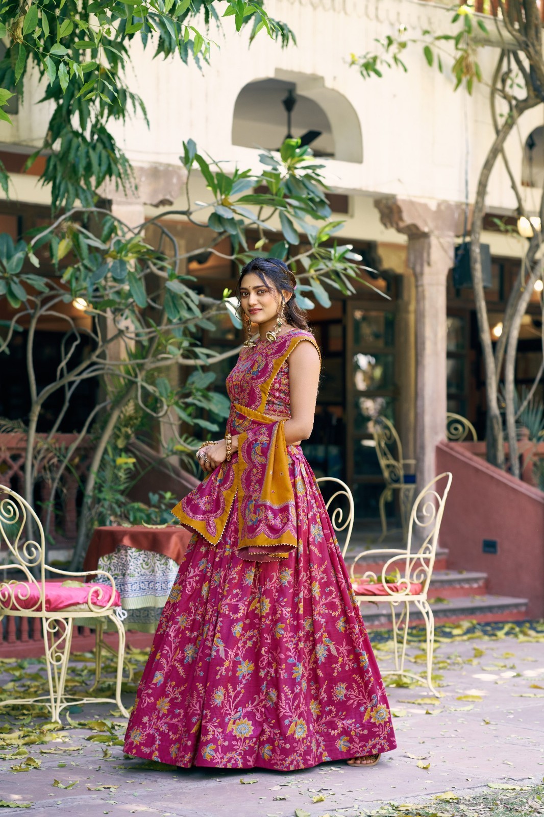 Women’s Rani Pink Floral Print Lehenga Choli Dupatta Set Festive Ethnic Outfit