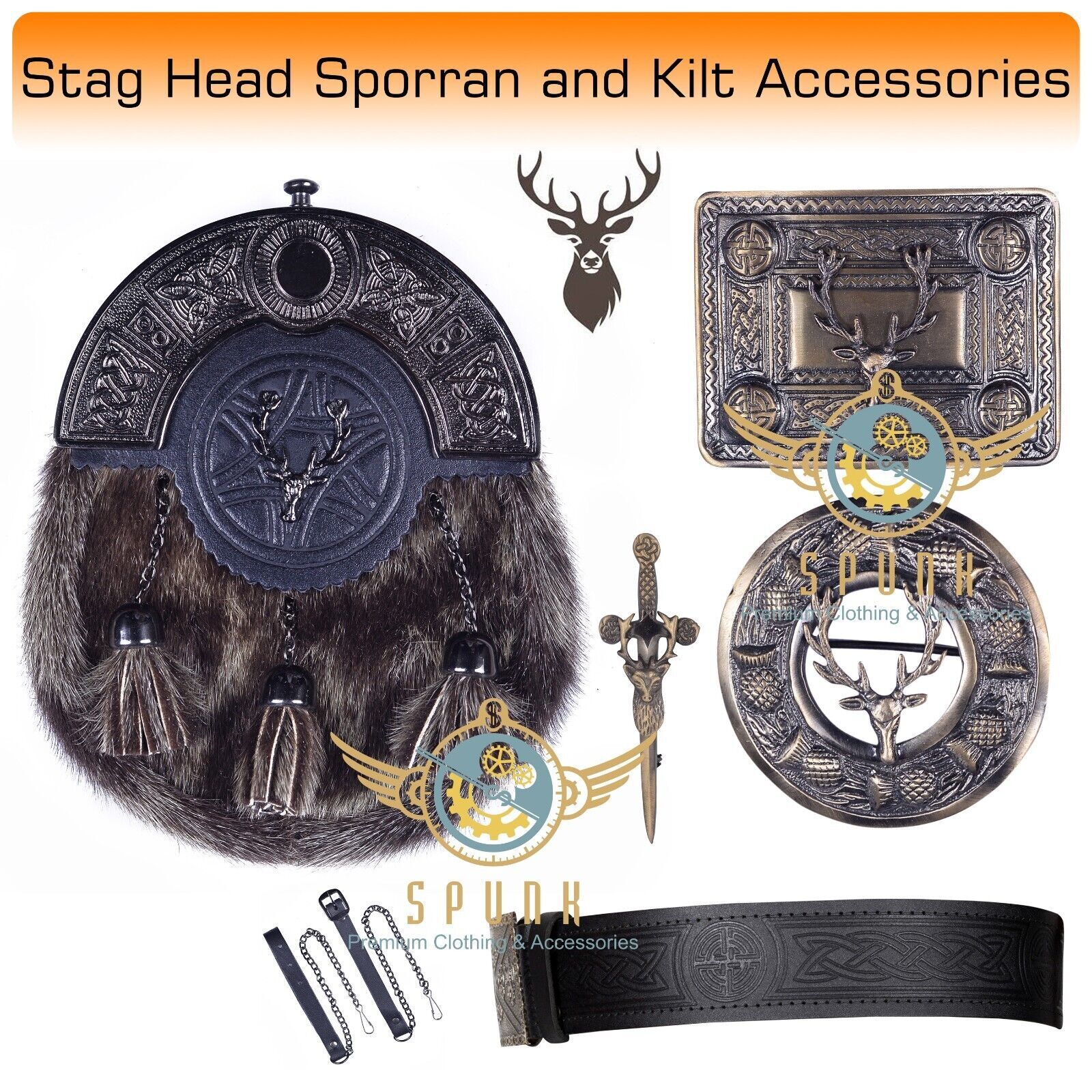Scottish Stag Head Antique Design KILT SPORRAN Seal Skin With Accessories