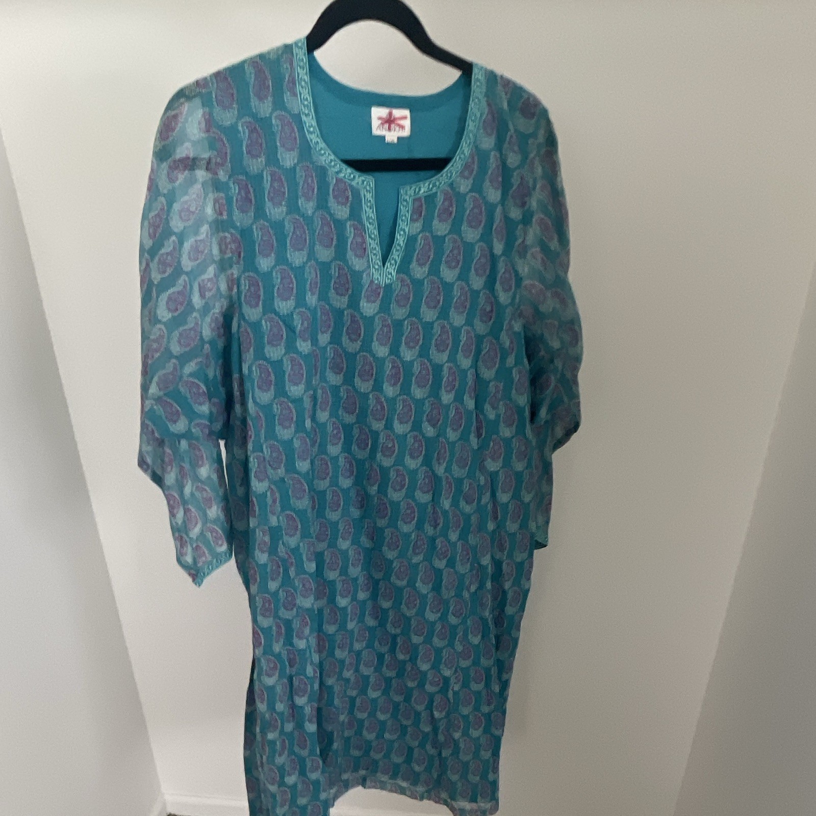 Anokhi L/XL Turquoise Paisley Cotton Silk Lined Midi Dress Boho India