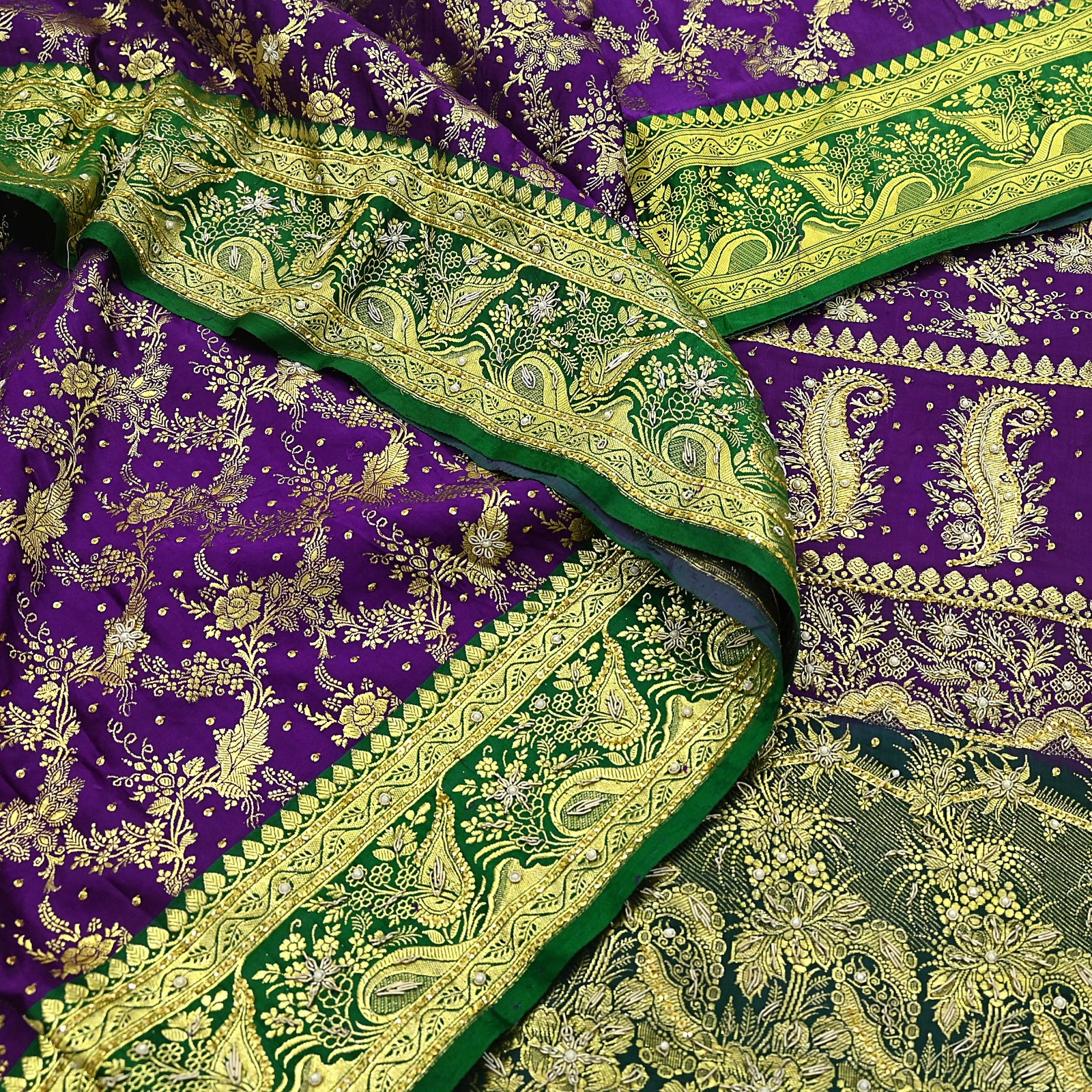 Indian Vintage Purple & Green Heavy Saree Pure Satin Silk Hand Embroidered 5yd