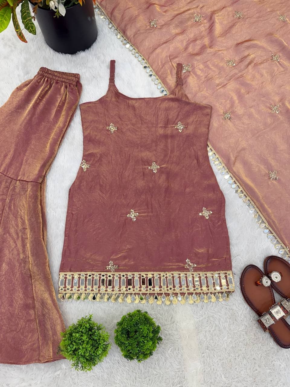 Attractive Look Silk Dusty Pink Top Palazzo With Dupatta For Party Wear