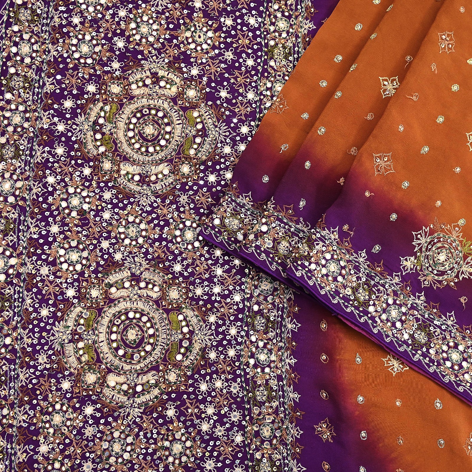 Indian Vintage Sari Purple & Mustard Pure Crepe Silk Hand Embroidered Sarees 6yd