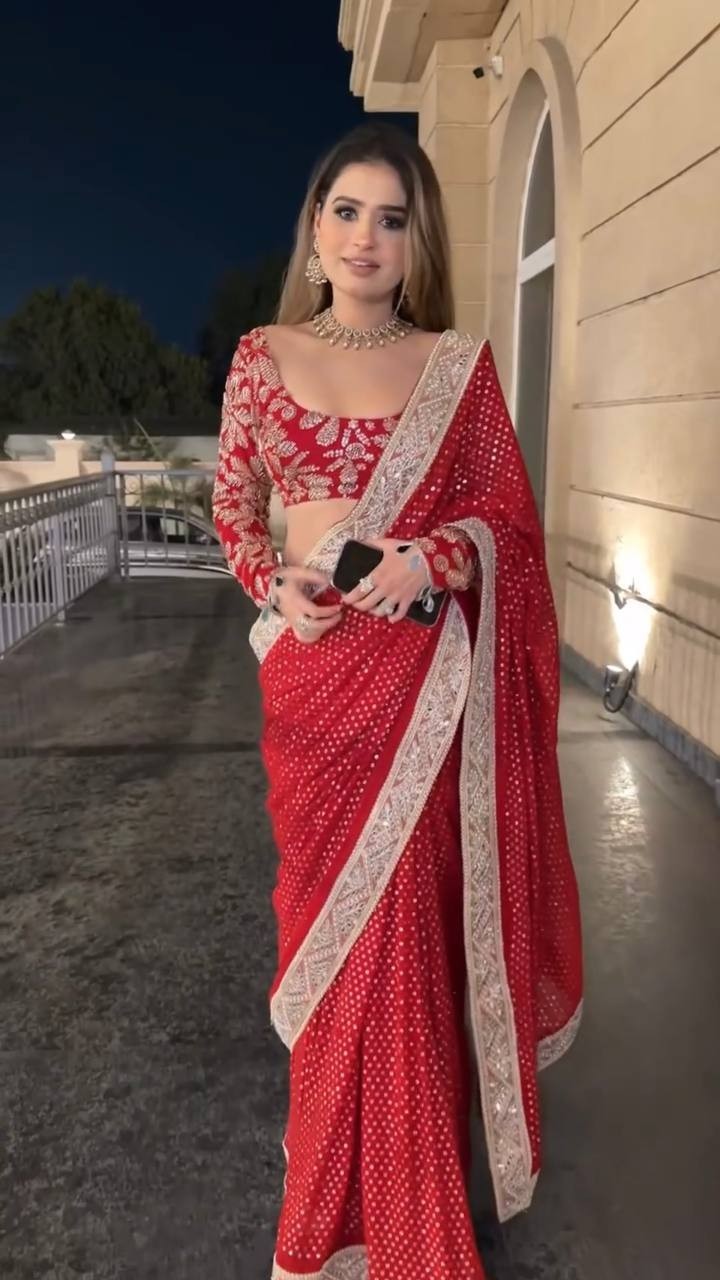 Bollywood Reception Party Wear Red Georgette Designer Saree Wedding Festival