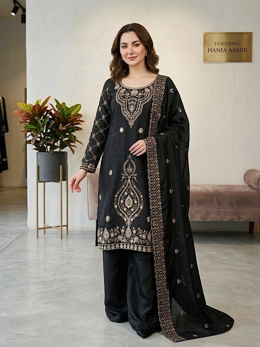 Indian Women GMY Choo Silk Kurta Sharara With Dupatta Set Beads Embroidery work