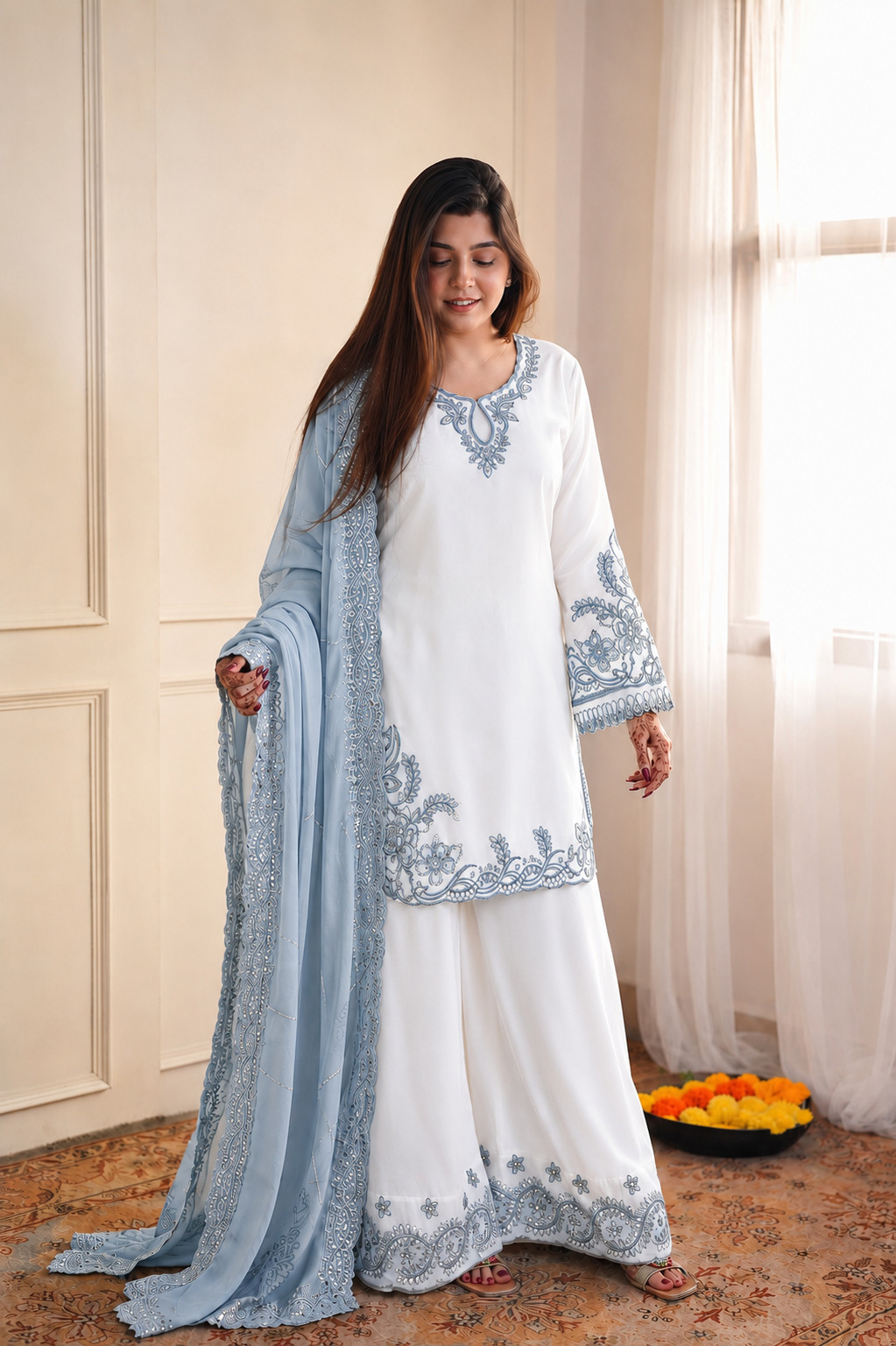 ReadyMade Pakistani Heavy Micro Cotton Women Piece Party Wear Dress Set Palazzo