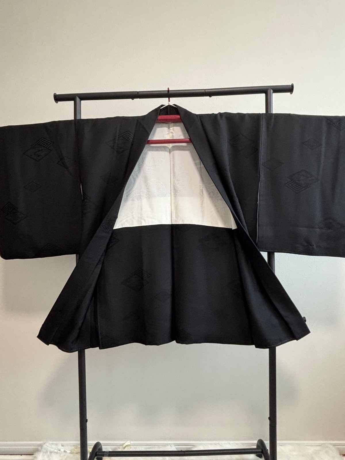 Vintage Japanese Black Haori Kimono Jacket Tonal Geometric Pattern from Japan