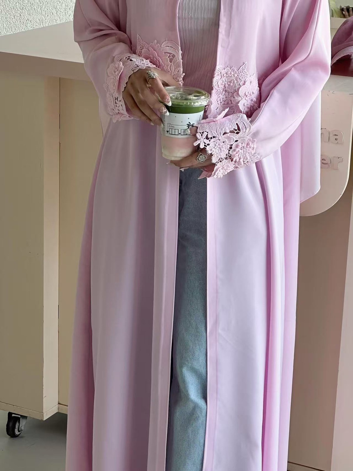 Muslim Robe 3D Floral Applique Open Abaya Cardigan Dress Arab Women Kaftan Gown