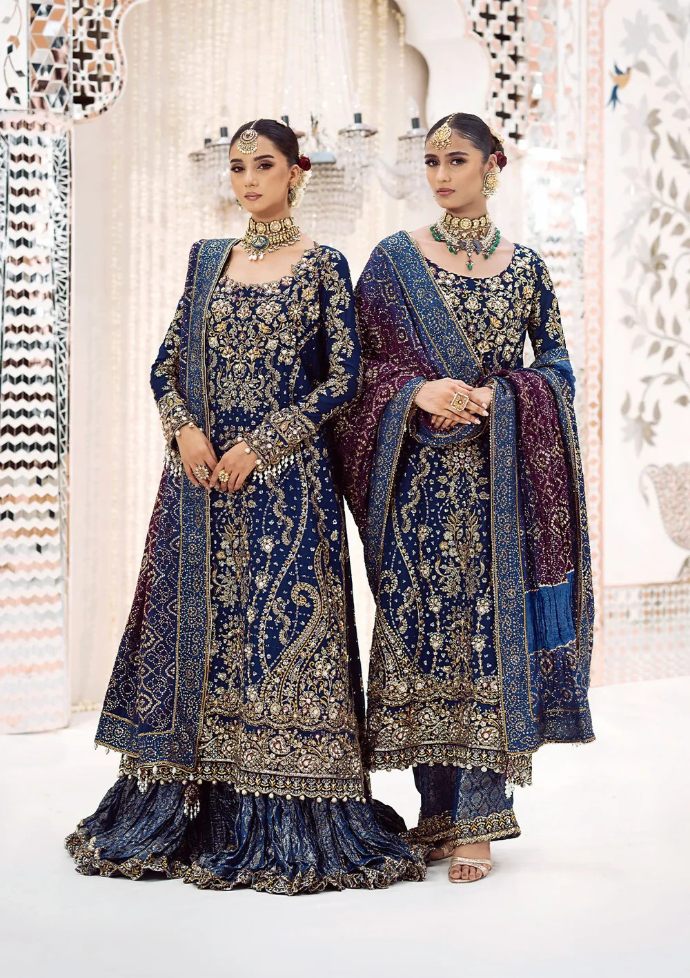 dark blue color hand embroidered wedding bridal long dress