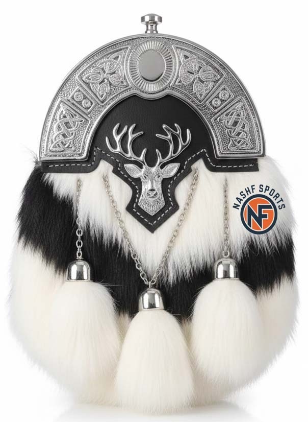 Scottish Full Drees Rabbit Fur Sporran Stag Cantle Kilt Accessory with Shoes