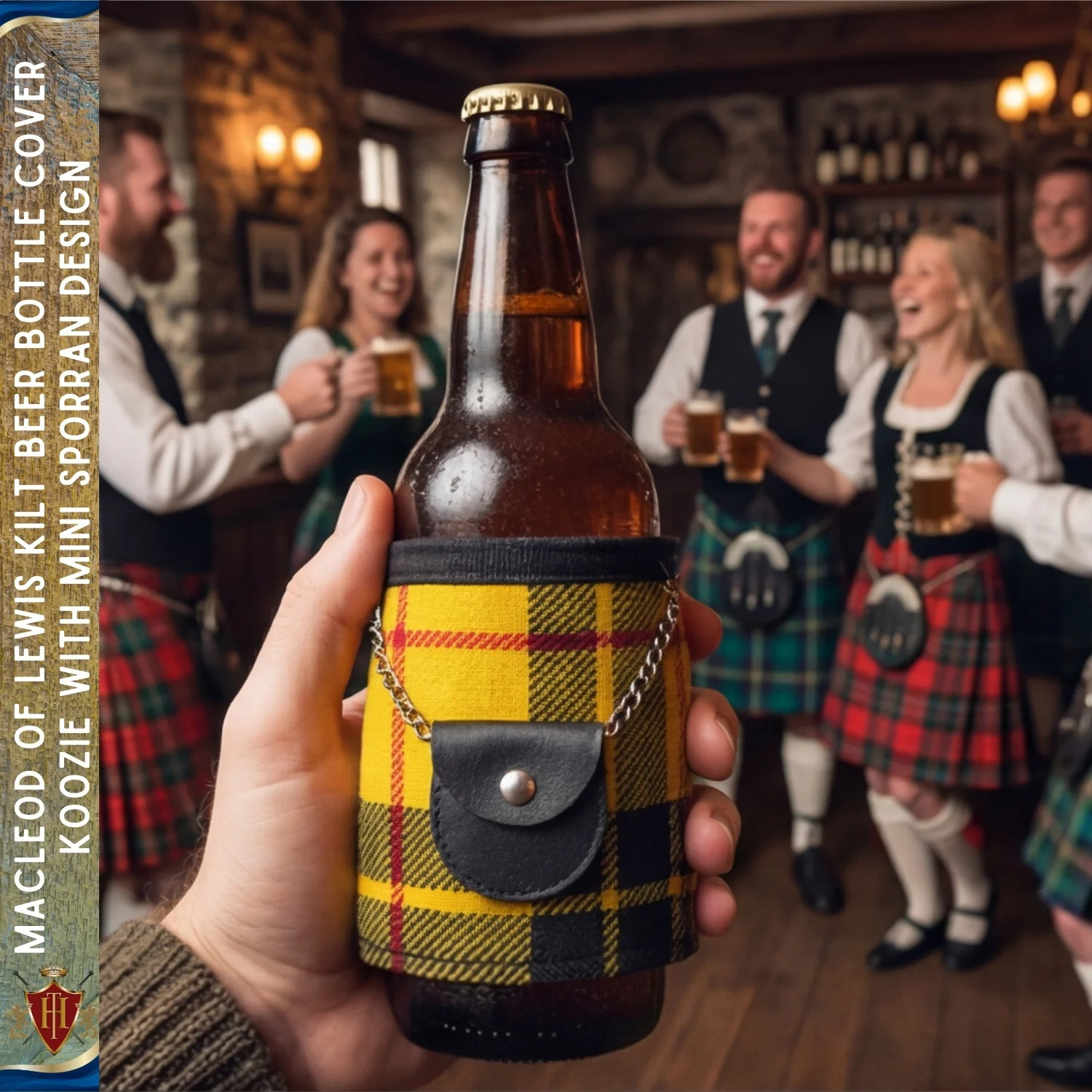 Macleod of Lewis Kilt Beer Bottle Can Cover Koozie with Mini Sporran Design