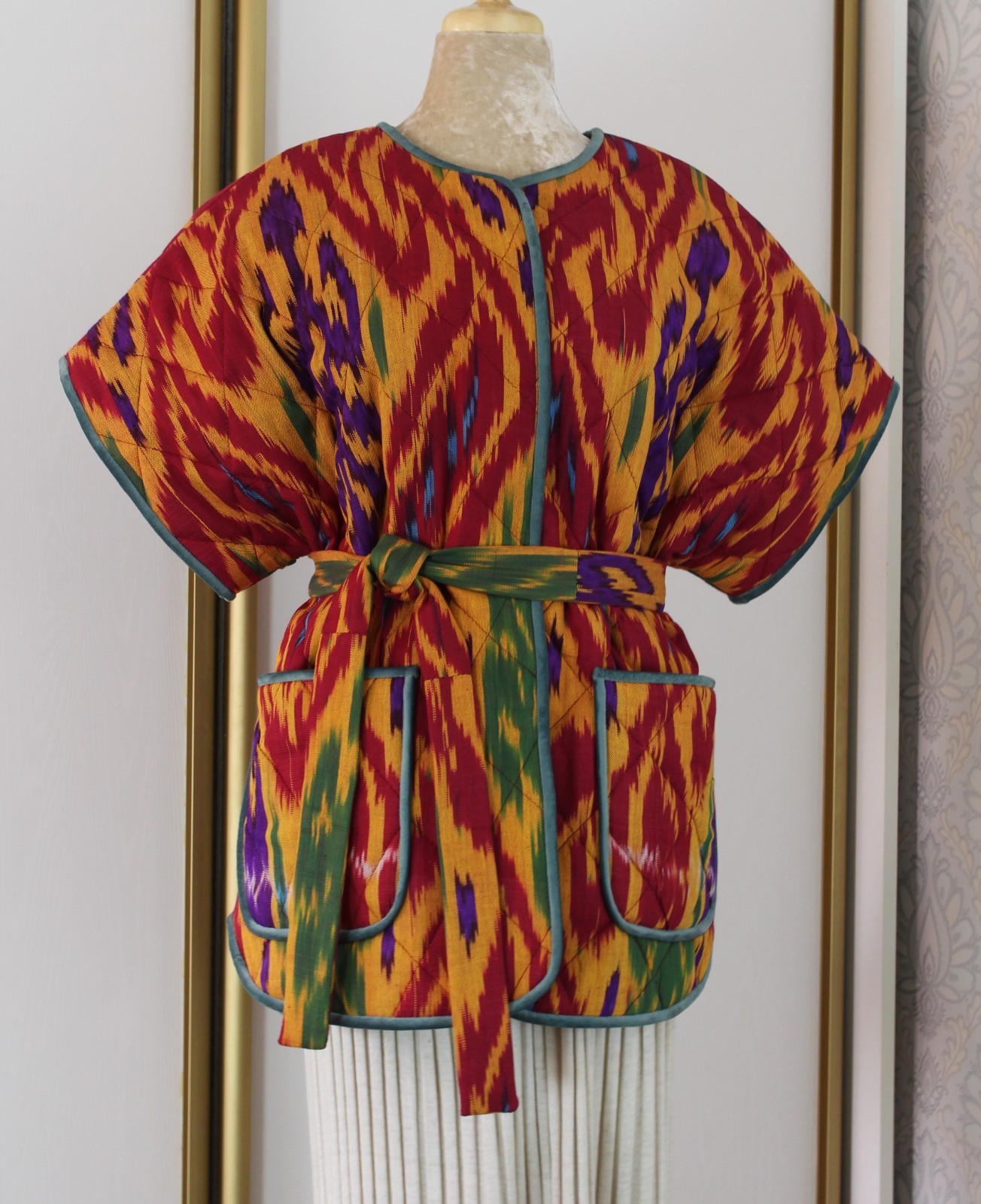 Handmade Ikat Quilted Jacket Uzbek Cotton OOAK Boho Kimono Vest Belt Pockets