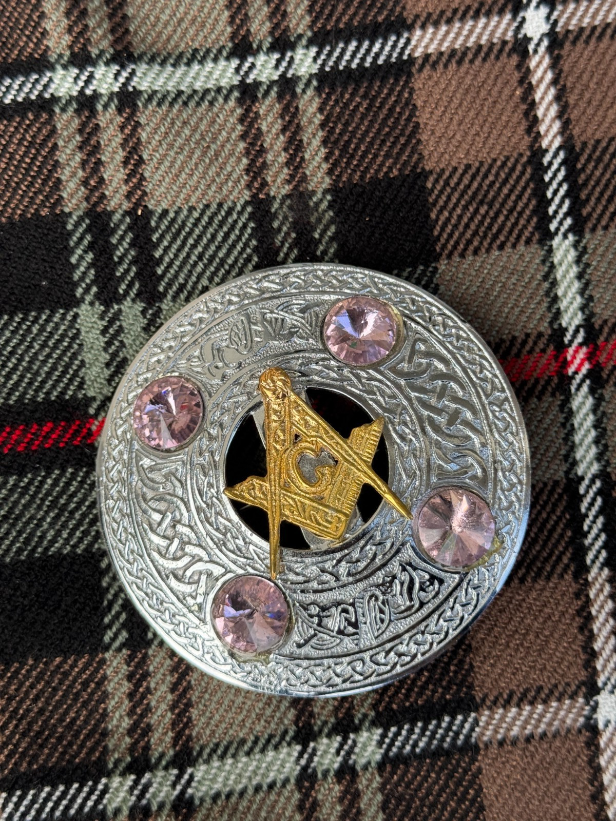 Scottish Golden Masonic Badge Chrome Finish Light Pink Stone Brooch Men’s Brooch