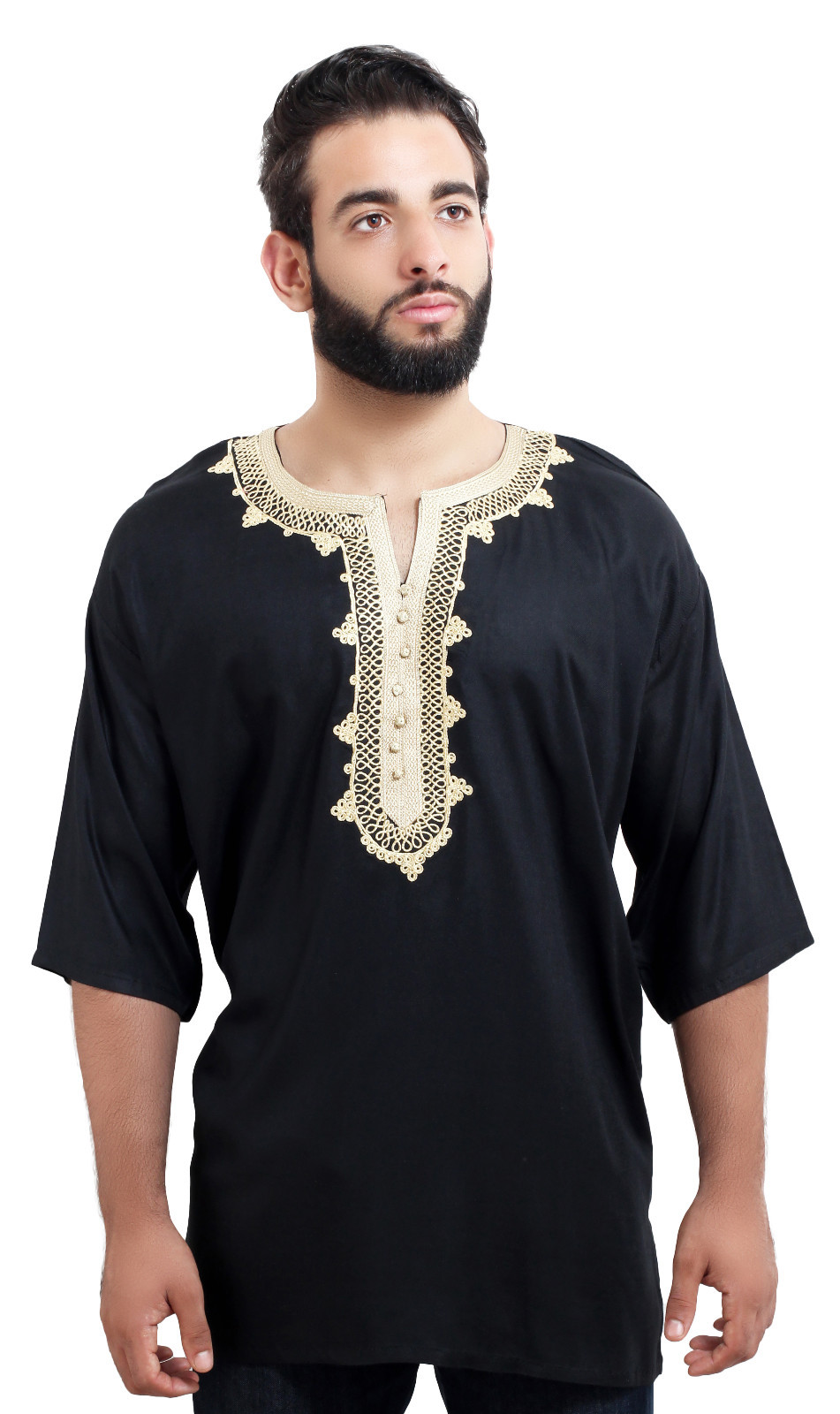 Moroccan Men Tunic Shirt Cafan Casual Handmade Embroidered Cotton Large Black
