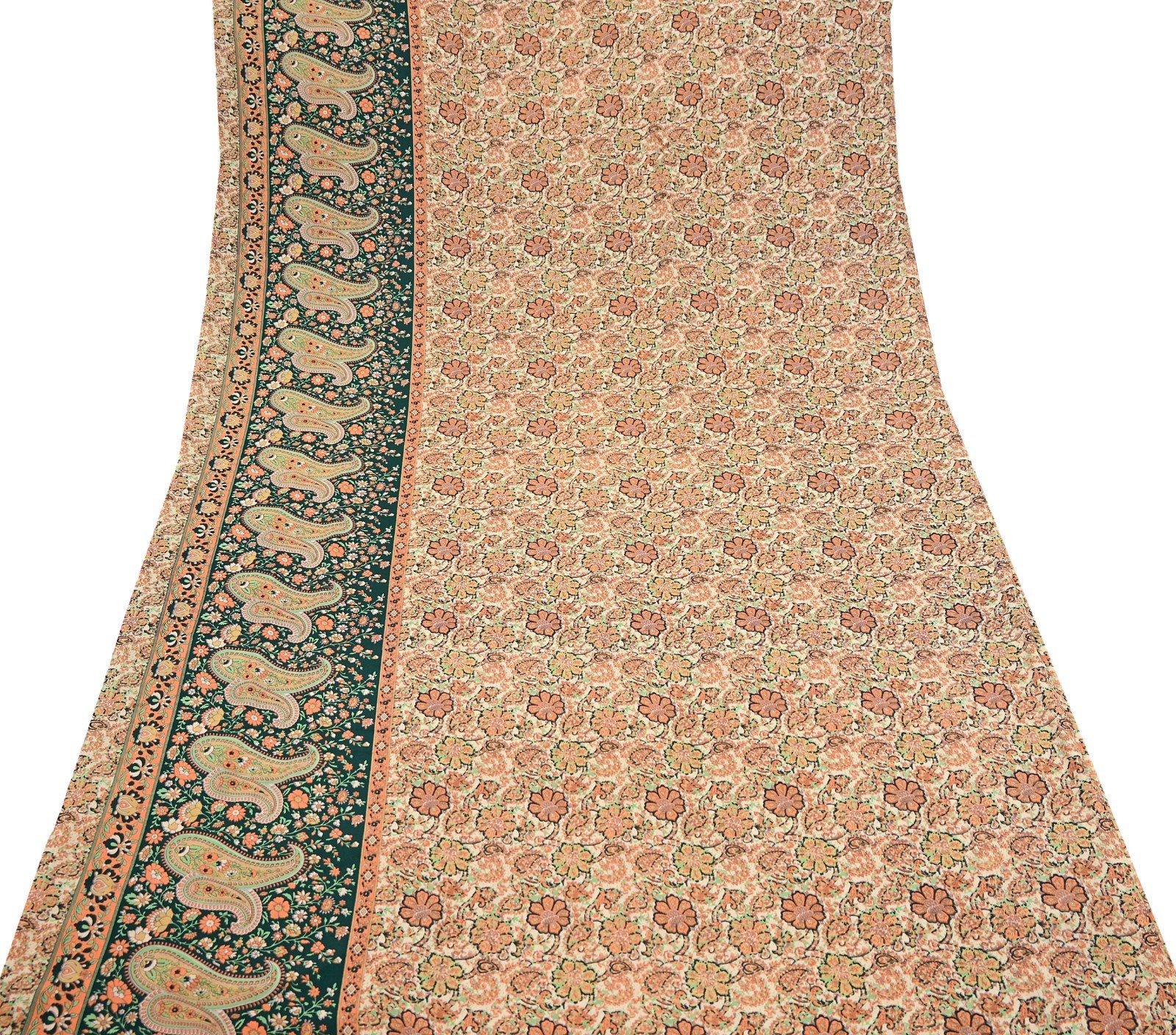 Vintage Beige Digital Printed Saree Floral Artificial Silk Fabric 6 Yards Indian