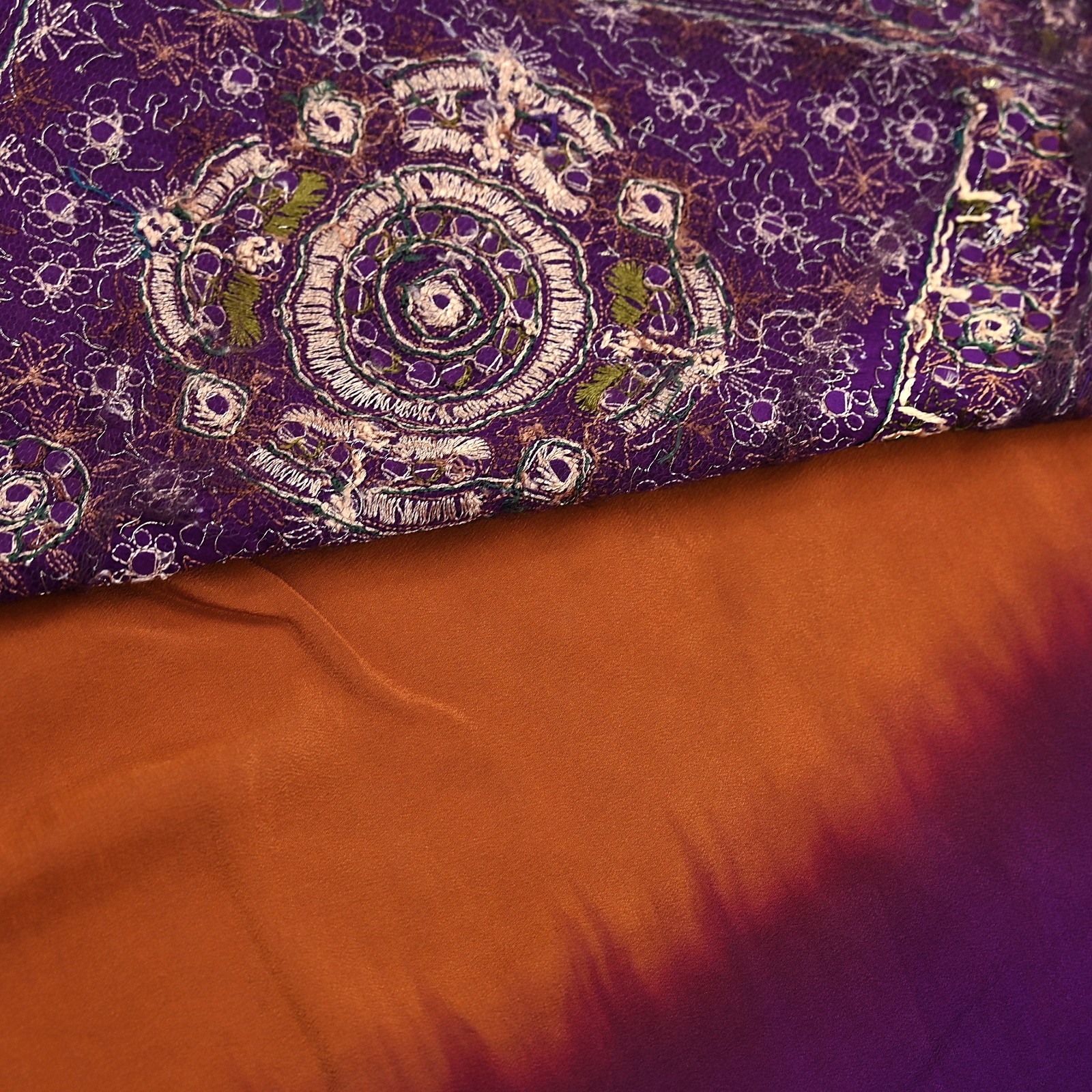 Indian Vintage Sari Purple & Mustard Pure Crepe Silk Hand Embroidered Sarees 6yd