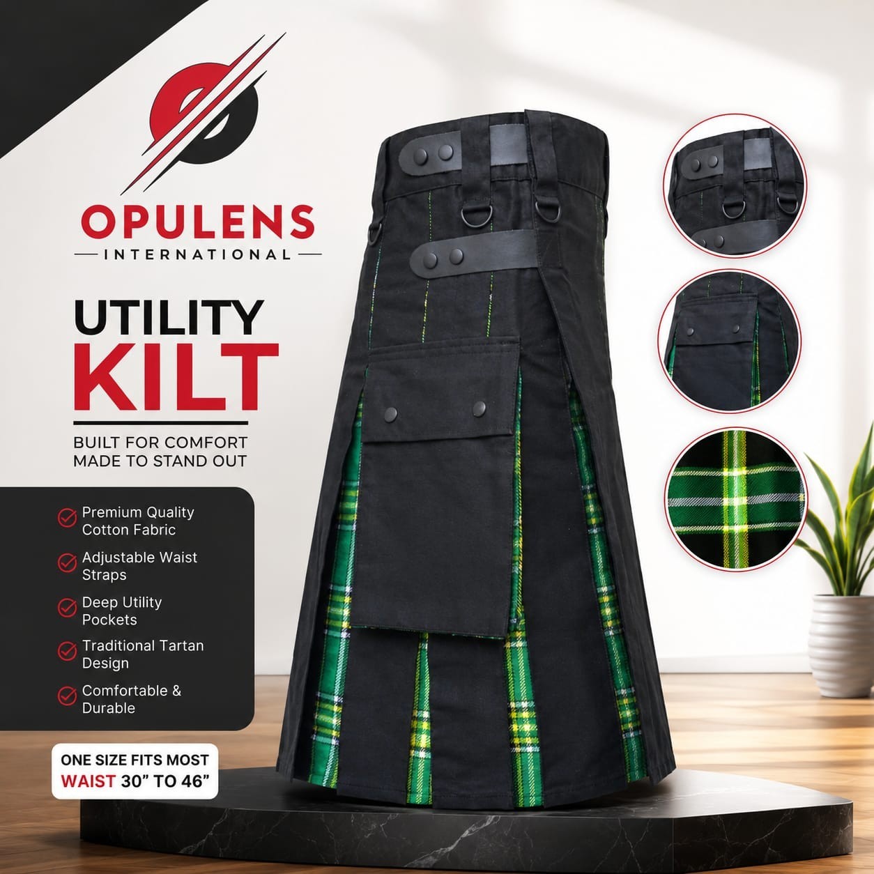 Men’s Plus Size Utility Kilt Black Cotton Tartan Hybrid Irish Style