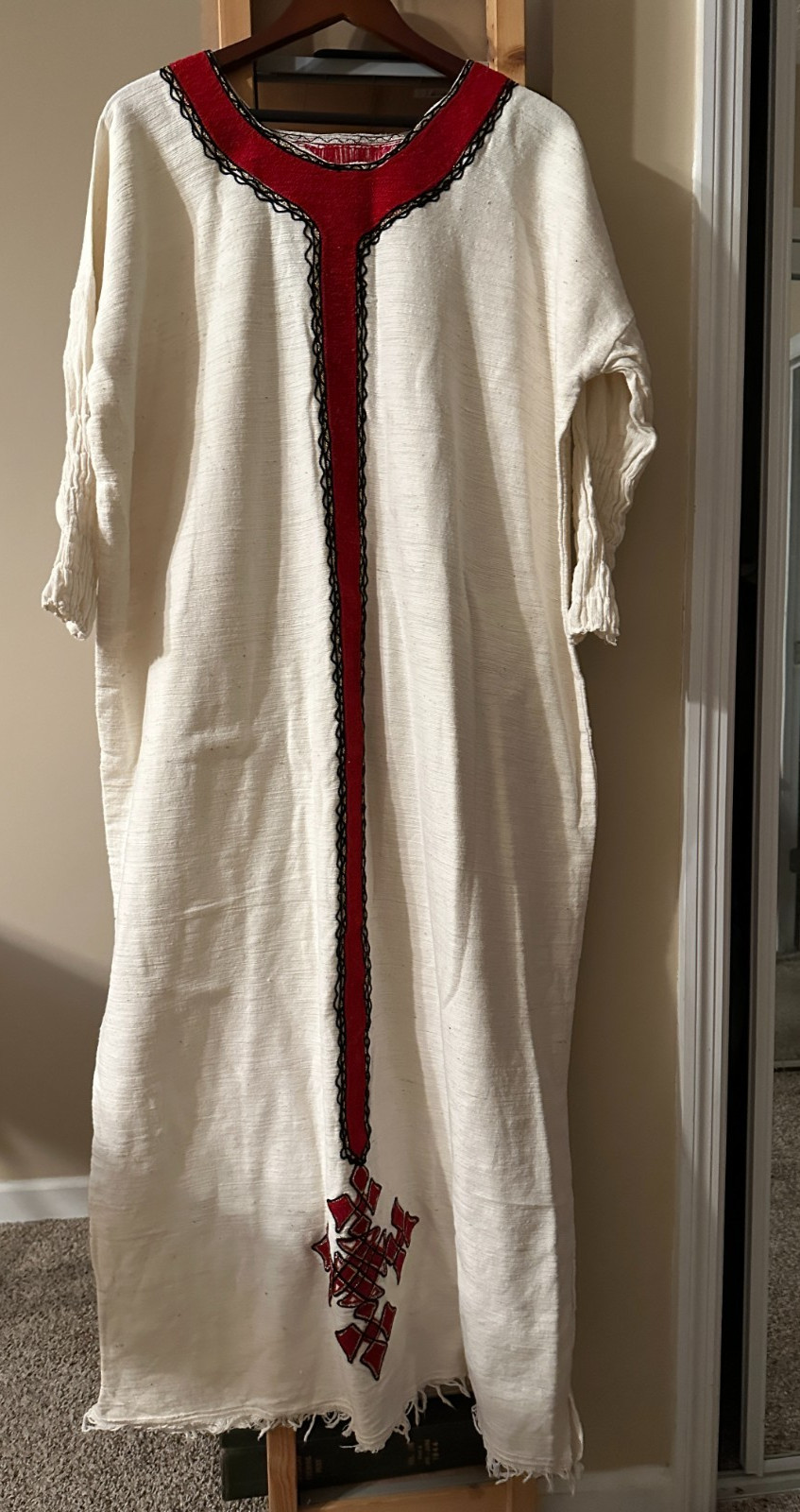 CAFTAN, perhaps for Medieval Fantasy Fair. Shirred Sleeves. Red Cross Embroidery