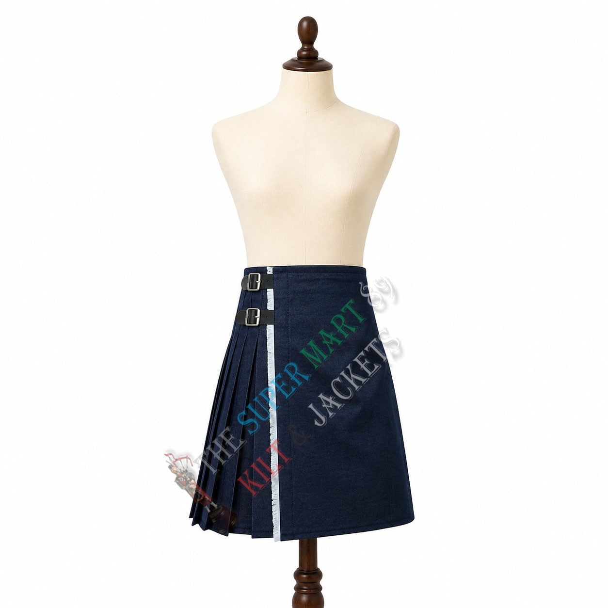 Men’s Black Denim Kilt – Modern Utility Design with Tartan Pleats & Buckle Strap