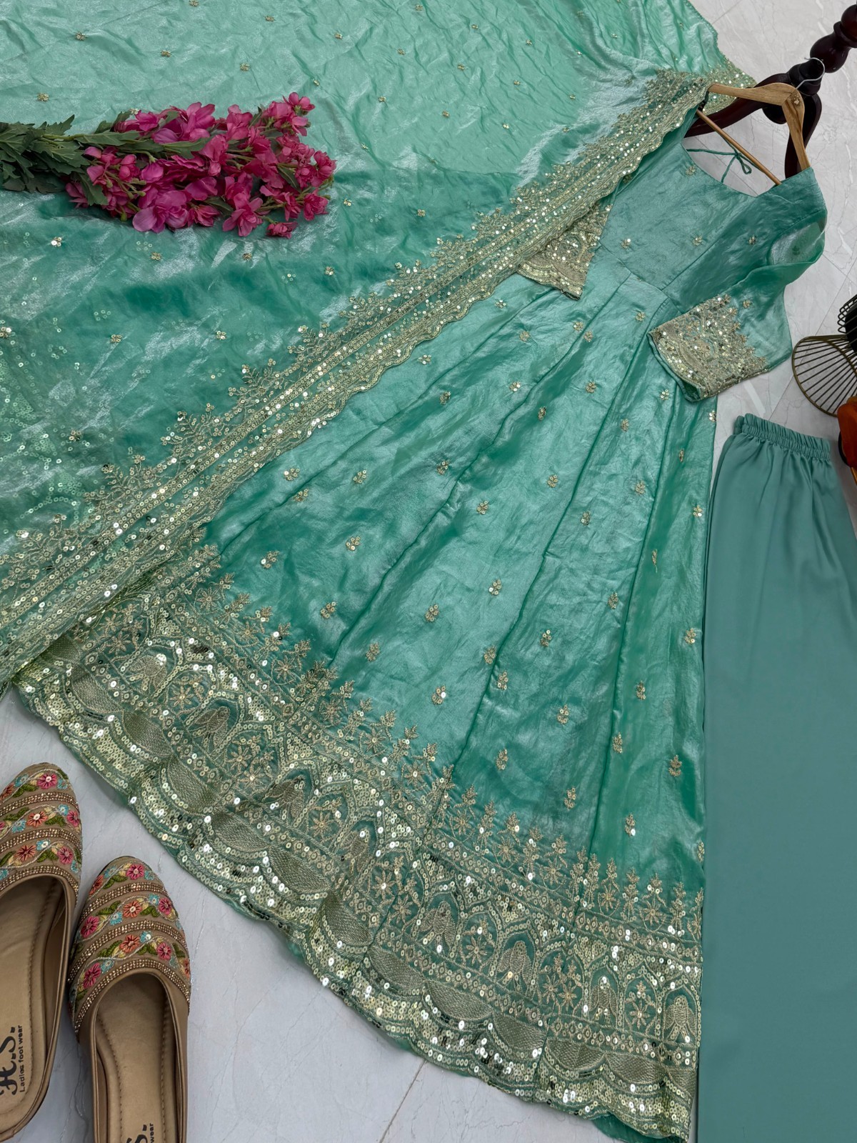 Sky Blue Fendy Silk Ready Made Designer Embroidered Anarkali Suit Party Wear XXL