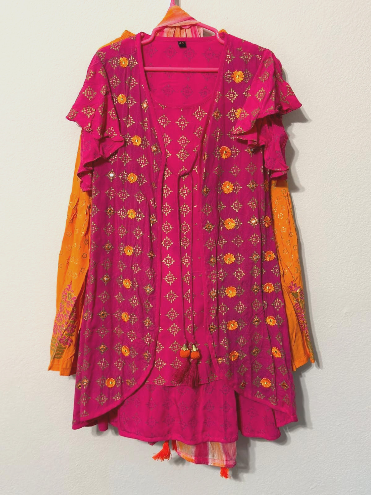 Girls Traditional Wear Top, Sharara Skirt & Dupatta Pink Orange Gold Work Size 4